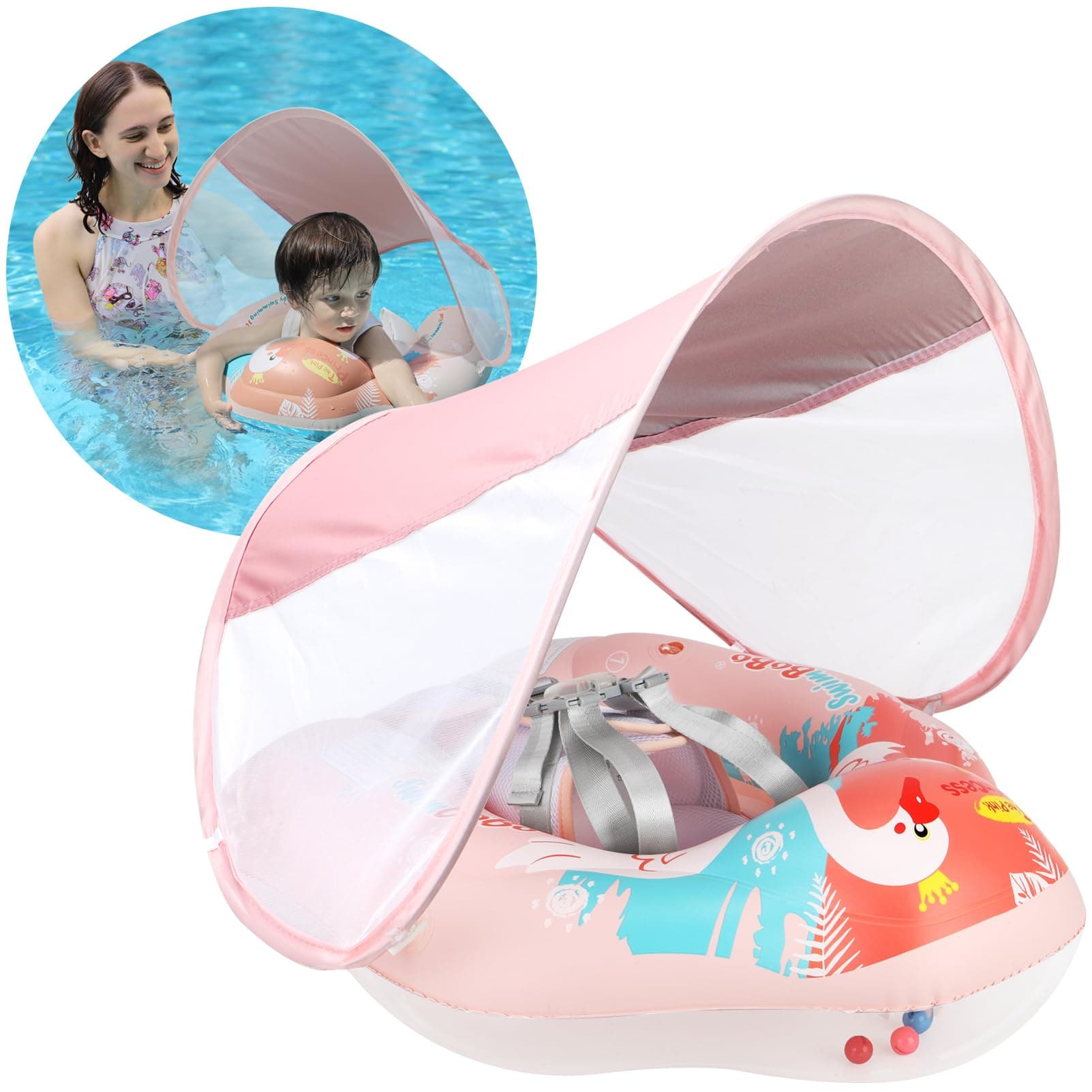 Swimbobo Infant Pool Float with Sun Canopy Inflatable Baby Swimming Floatie with Sponge Safety Bottom Support Water Toys Swimming Trainer(Pink Swan,Large)