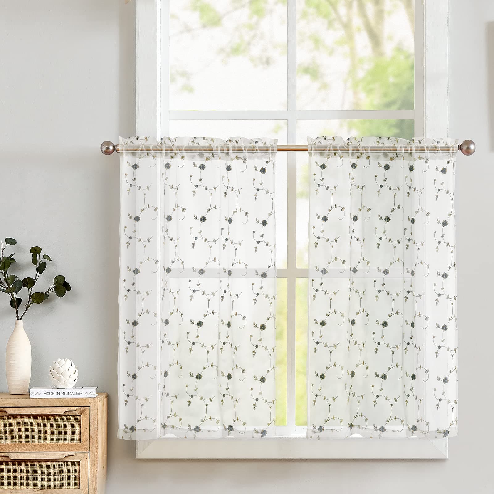 TOPICK Net Kitchen Curtains 36 Inch Drop Short Voile Curtains Floral Embroidered Sheer Rose Cafe Curtains Rustic Style Flower Curtains for Small Window Basement Cupboard 2 Panels Blue on White