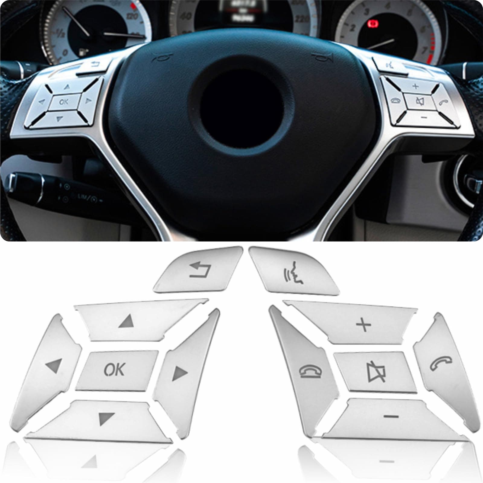 FANZI Car Steering Wheel Button Trim lnner Decoration Compatible with Mercedes Benz SL GL GLA CLA CLS GLK SLK A B C E M G Class - Silver (Model D)