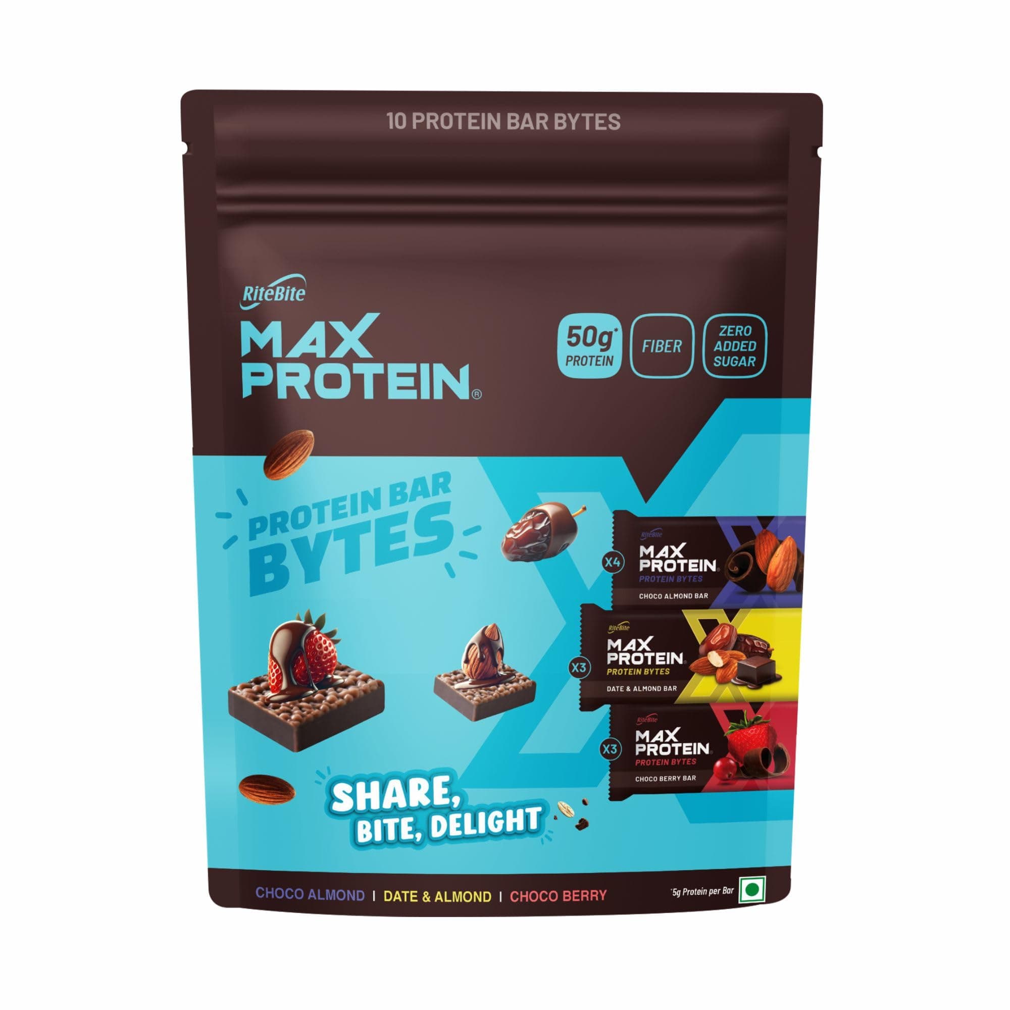 RiteBite Max Protein 5g Protein Bar Bytes Trial Pack of 10 | 5g Protein, Zero Added Sugar | Also Includes New Date & Almond Flavour | 176g