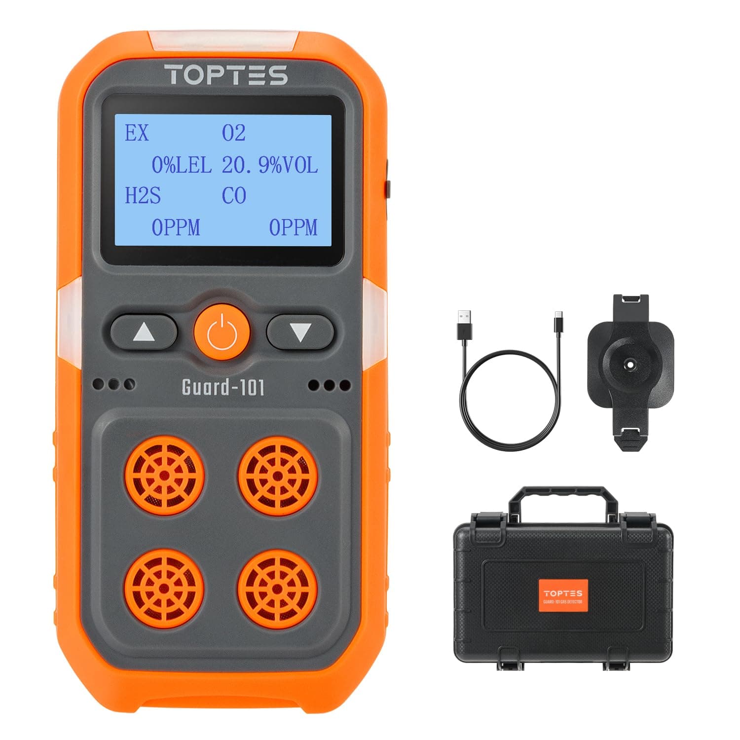 TopTes Guard-101 Gas Detector, 4 Gas Monitor for H2S, CO, LEL and O2, with Vibration, Visual and Audible Alarms, 14h Long Battery Life, Safety Explosion-Proof, for Work, Home - Orange