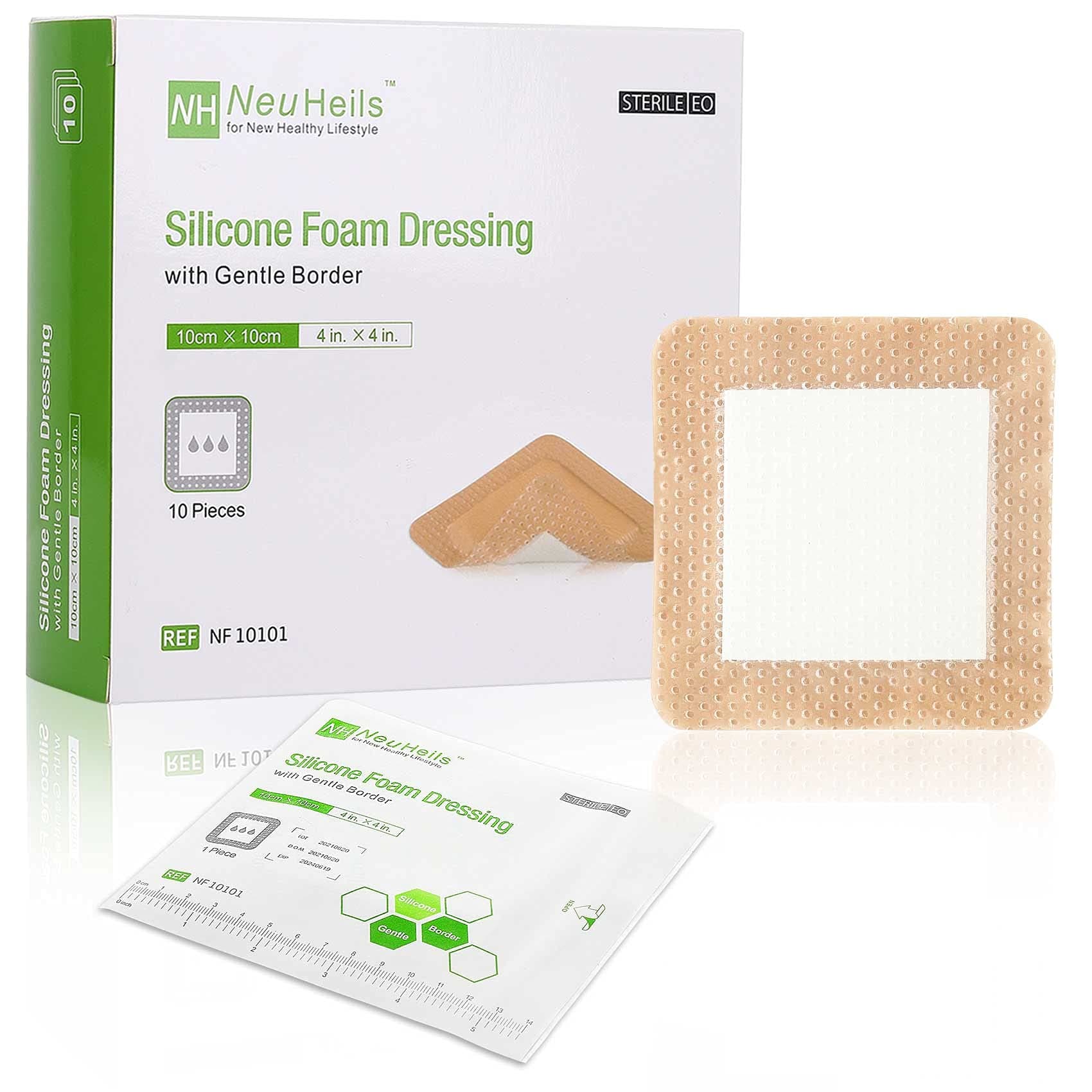 NeuHeils Silicone Adhesive Foam Dressing with Gentle Border 4''x4'' for Bed Sore Leg Ulcer 10 Pack, High Absorbency Waterproof Silicone Wound Bandage by
