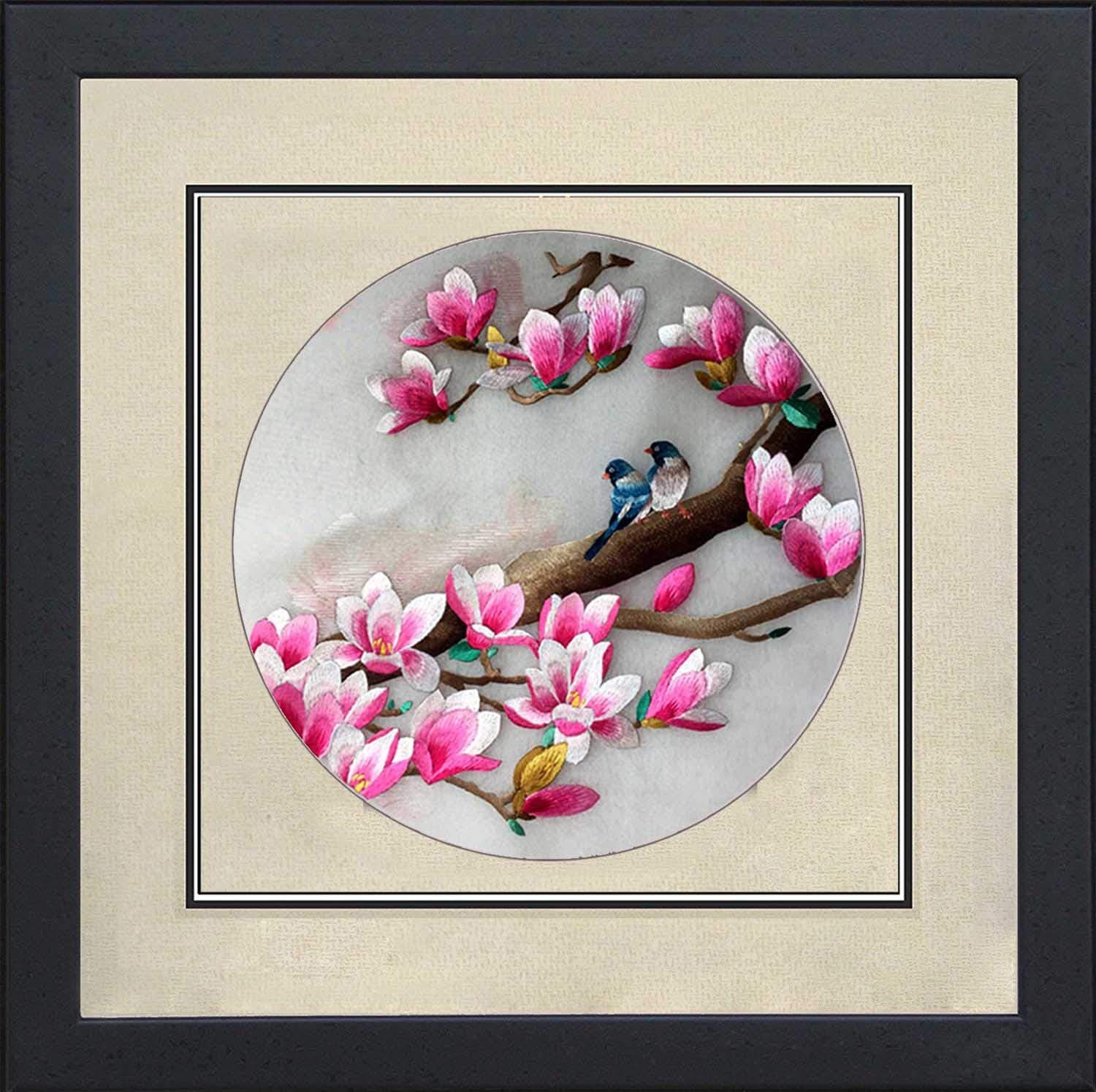 Silk Art 100% Handmade Embroidery Framed Two Love Birds & Cherry Blossom Trees Oriental Wall Hanging Art Asian Decoration Tapestry Artwork Picture Gifts