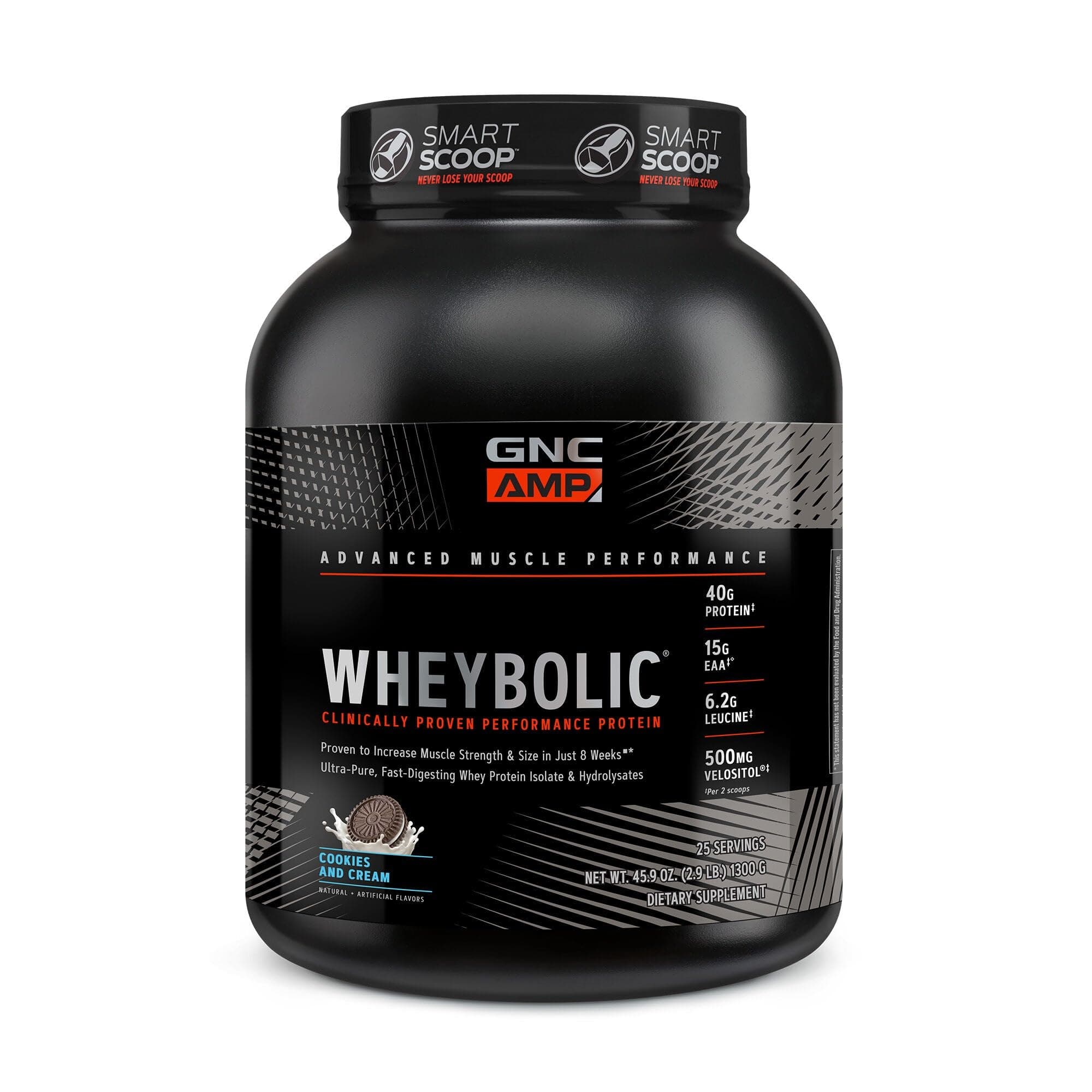 GNC AMP Wheybolic Clinically Proven Protein Powder, 40g Whey Protein, BCAA, Leucine, Increases Muscle Strength, Muscle Building, 3rd Party Tested, Gluten Free, Cookies and Cream, 25 Servings