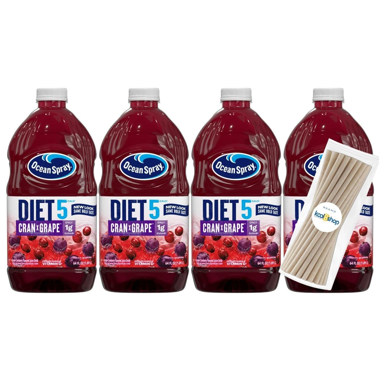 Diet Cran Grape Juice Drink 64 fl oz Plastic Bottle 4 Pack + 15 Sugarcane Disposable Straws by KOOL8SHOP Infinite Deals