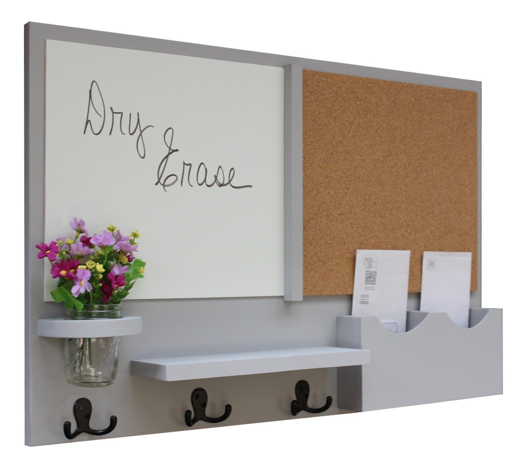 Message Center with White Board & Cork Board Letter Holder Coat Rack Key Hooks (Smooth, Gray)