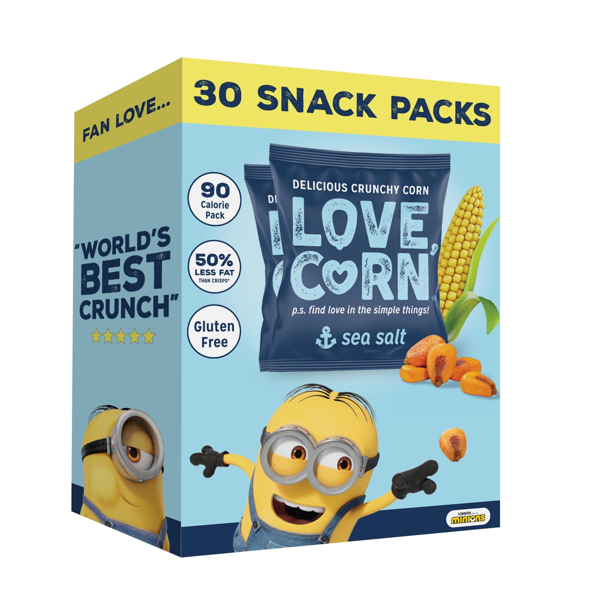 LOVE CORN Sea Salt Limited Edition Minions Crunchy Corn Lunchbox Snack | 30 x 20g Bags | Healthy Kids Snack Graze | Kosher, Vegan, Gluten-Free | Simple Ingredients, Low Sugar, Low Calories | UK Made
