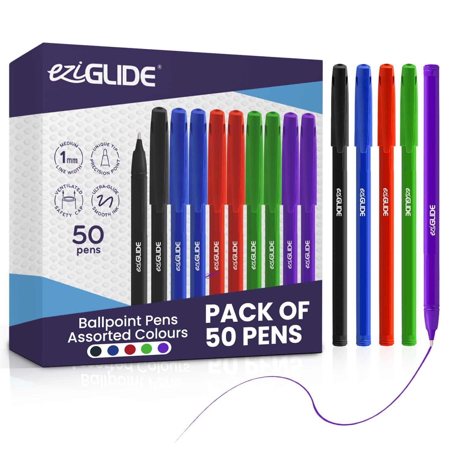 Ballpoint Pen Assorted, Pack of 50 Ballpoint Pens, Smooth Writing Action-Medium Point (1.0mm) Coloured Pens Multipack, Ball Point Pens; Ideal Pens for School, Home or Work Stationery Supplies