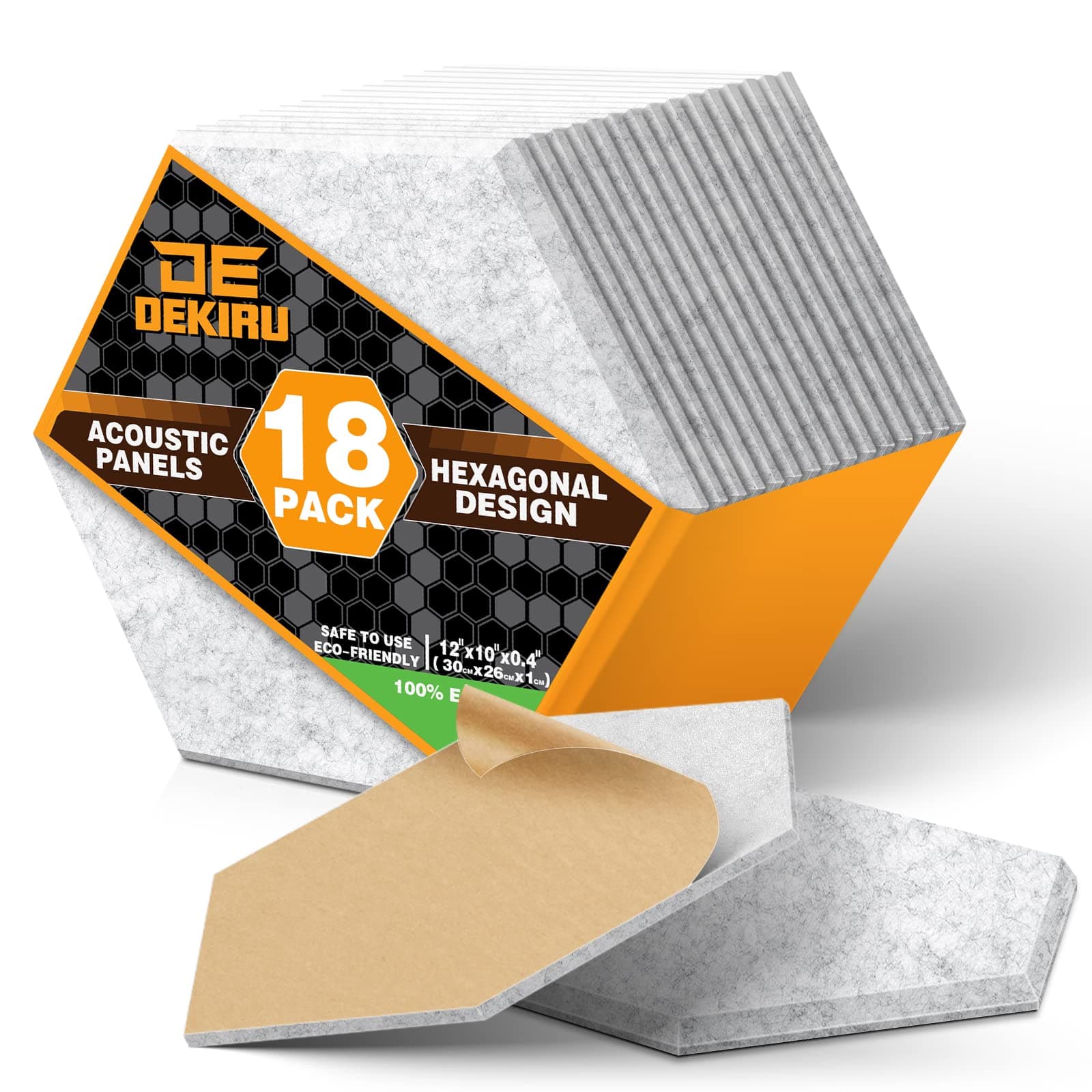 DEKIRU Self Adhesive Soundproof Foam Panels 18 Pack, 12''X10''X0.4'' Hexagon Acoustic Panels, Easy Install Sound Absorbing Panels for Home Recording Studio, Office, and More (Grey)