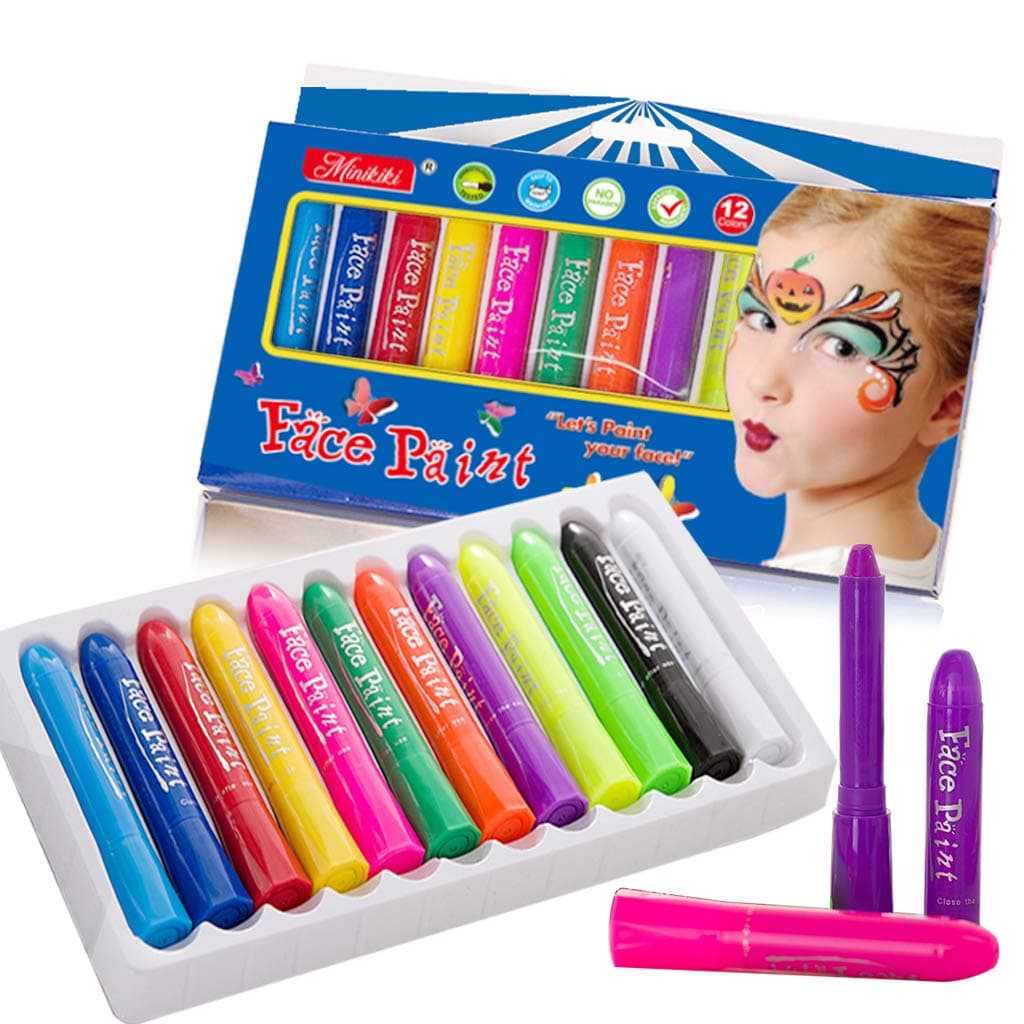 MiniKIKI Face Paint Crayons, Face Painting Kits, 12 Cols, Body Paint, Kids Face Painting, Washable Face Paint, Kids Makeup, Non Toxic Body Painting, Ideal for Halloween, Costumes, Birthday Parties