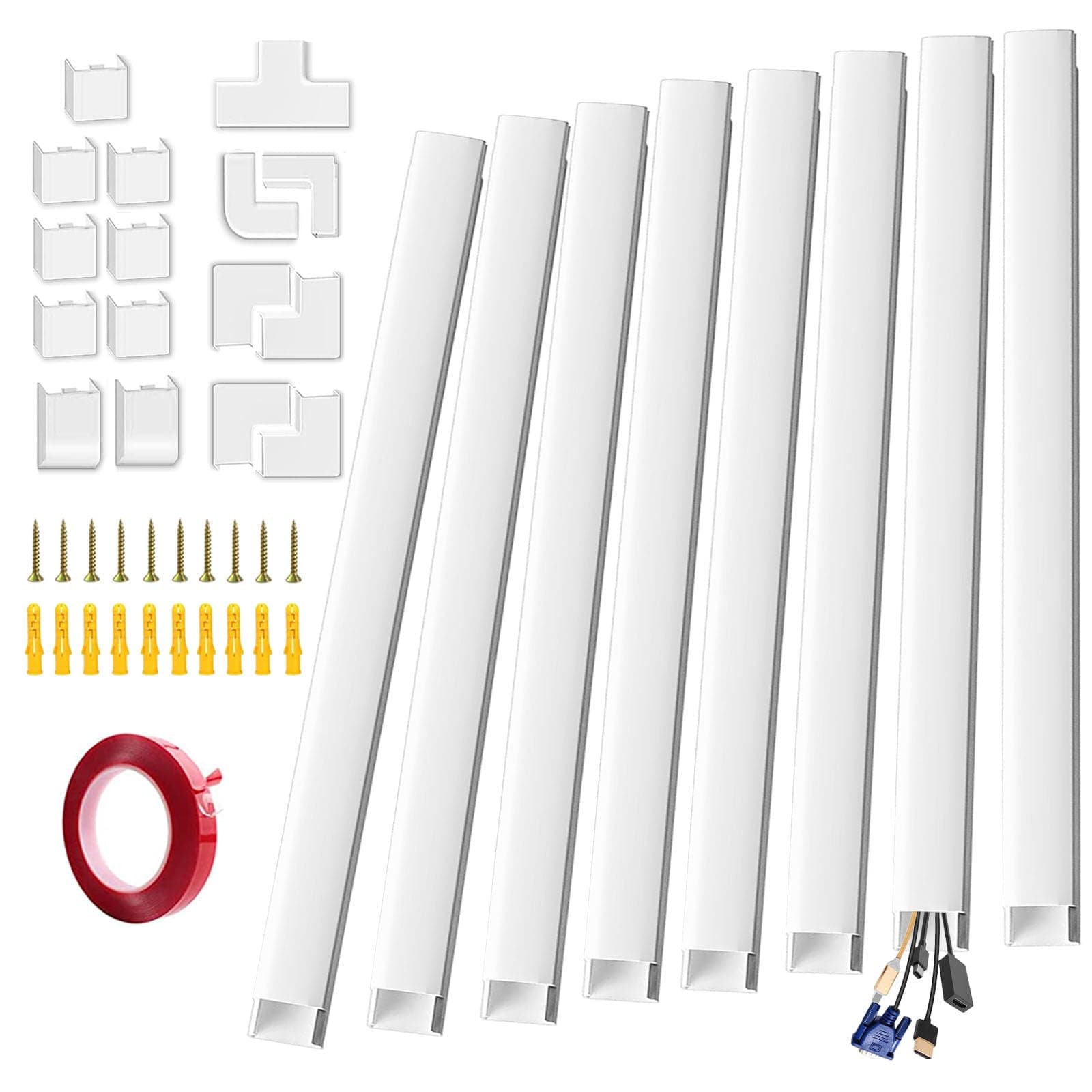 Cable Concealer On-Wall Cord Cover Raceway Kit - Cable Management System to Hide Cables, Cords, or Wires - Ideal for Any Room Cord Organizer，Paintable，8pcs