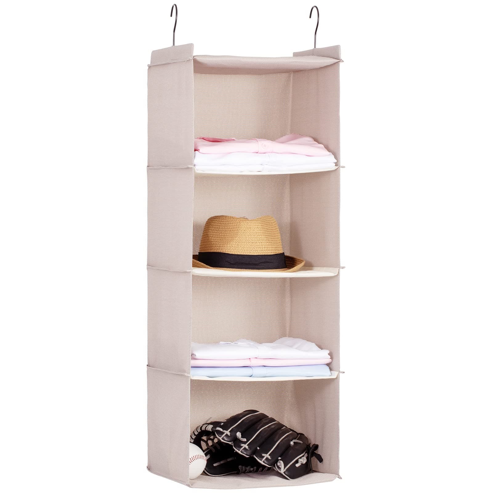 DonYeco Hanging Closet Organizer and Storage, Foldable 4-Shelf Wardrobe Clothes Shelves Organizer, Imitation Linen Fabric, Beige Houndstooth
