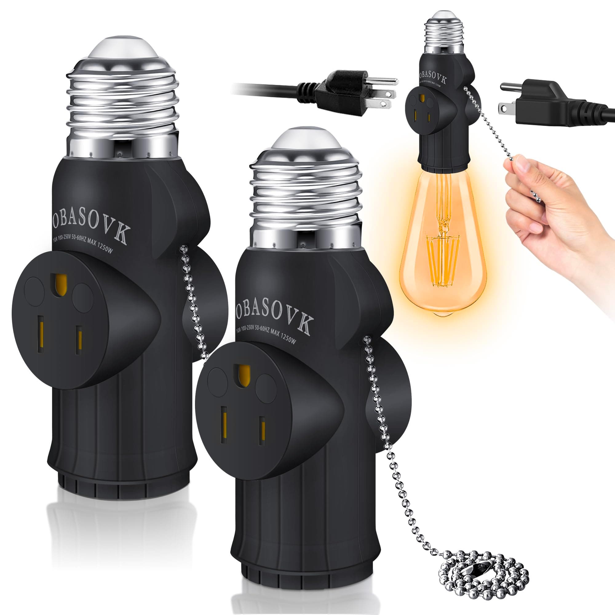2Pcs Tobasovk 3 Prong Light Socket Adapter, Double Sides Both Support 3 Prong Light Socket to Plug Adapter, Heat-Resistant & Durable Materials Multifunctional Light Bulb Outlet Socket Adapter - Black