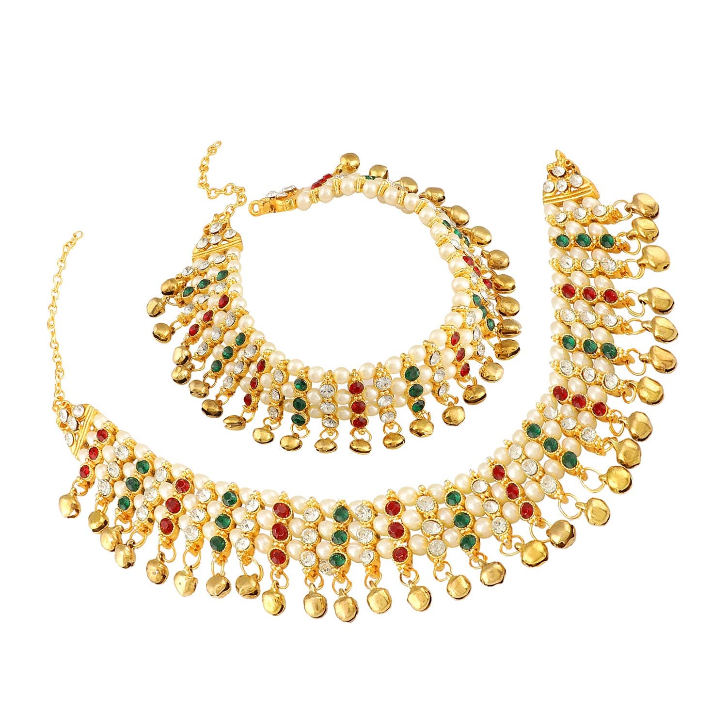 Mann Jewels Pearl Blue Green White Stones and Ghungroos Designer Heavy Fancy Jhanjhar Anklet for Women