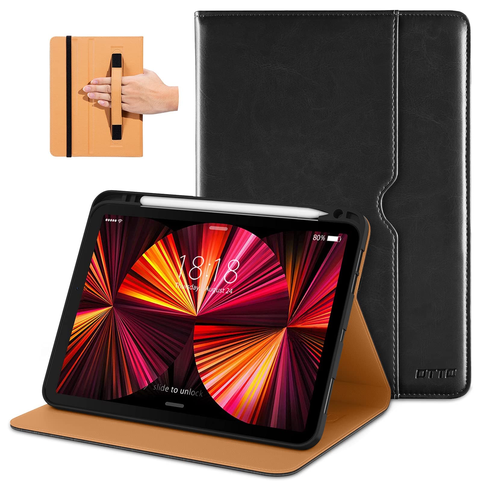 DTTO Case for iPad Pro 11 Inch 4th/3rd/2nd/1st Generation 2022/2021/2020/2018,Premium PU Leather Folio Stand Cover with Hand Strap,Fit iPad Air 4/5 - Auto Wake/Sleep,Multiple Viewing Angles, Black