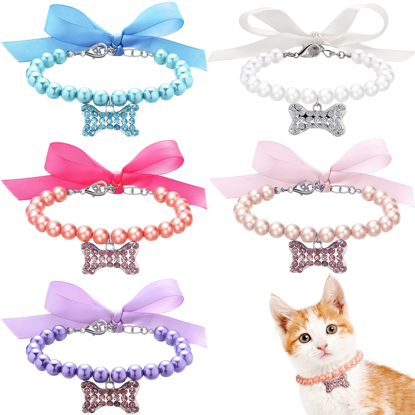 Frienda 5 Pcs Pet Pearl Necklace Diamond Crystal Dog Pearl Necklace Collars with Bling Rhinestones Bone Dog Cat Jewelry Set Wedding Collar for Puppy Pets(S)