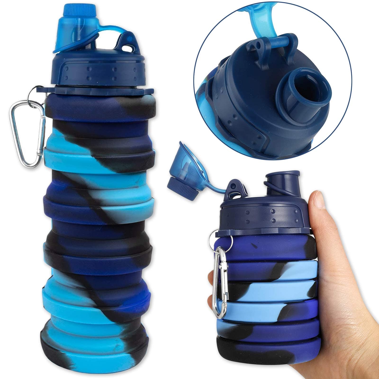 Collapsible Water Bottle for Kids, Camouflage Color Food-Grade Silicone Portable Leak-Proof Travel Water Bottle 500ml for School, Travel, Camping and Gym (Blue)
