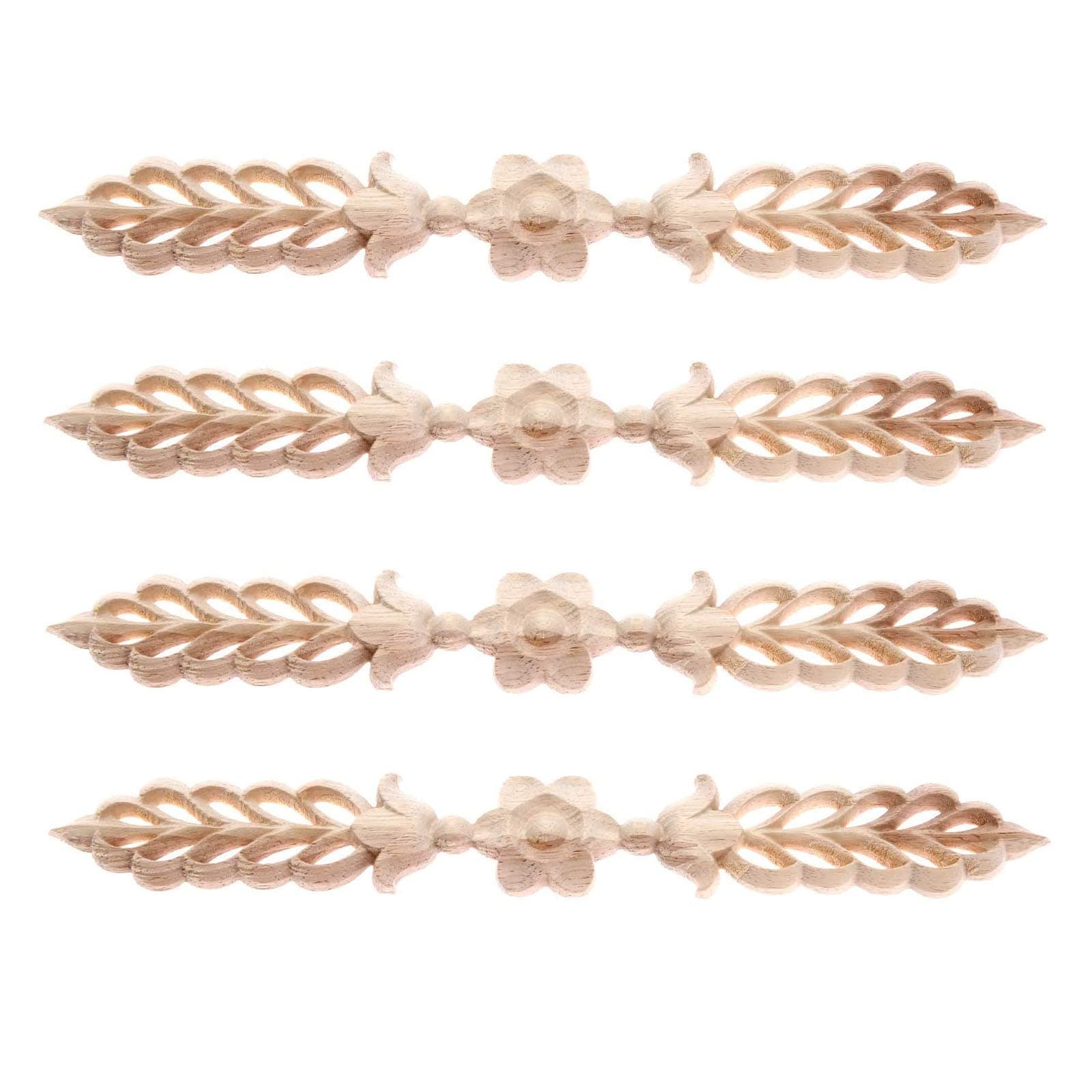 4-Pack Wood Appliques Onlays for Furniture, 24.5x3.5cm/9.65"x1.38", Leaf Flower Center Side Decal for Cabinet Bed Wall Ceiling Frame Corner Decoration