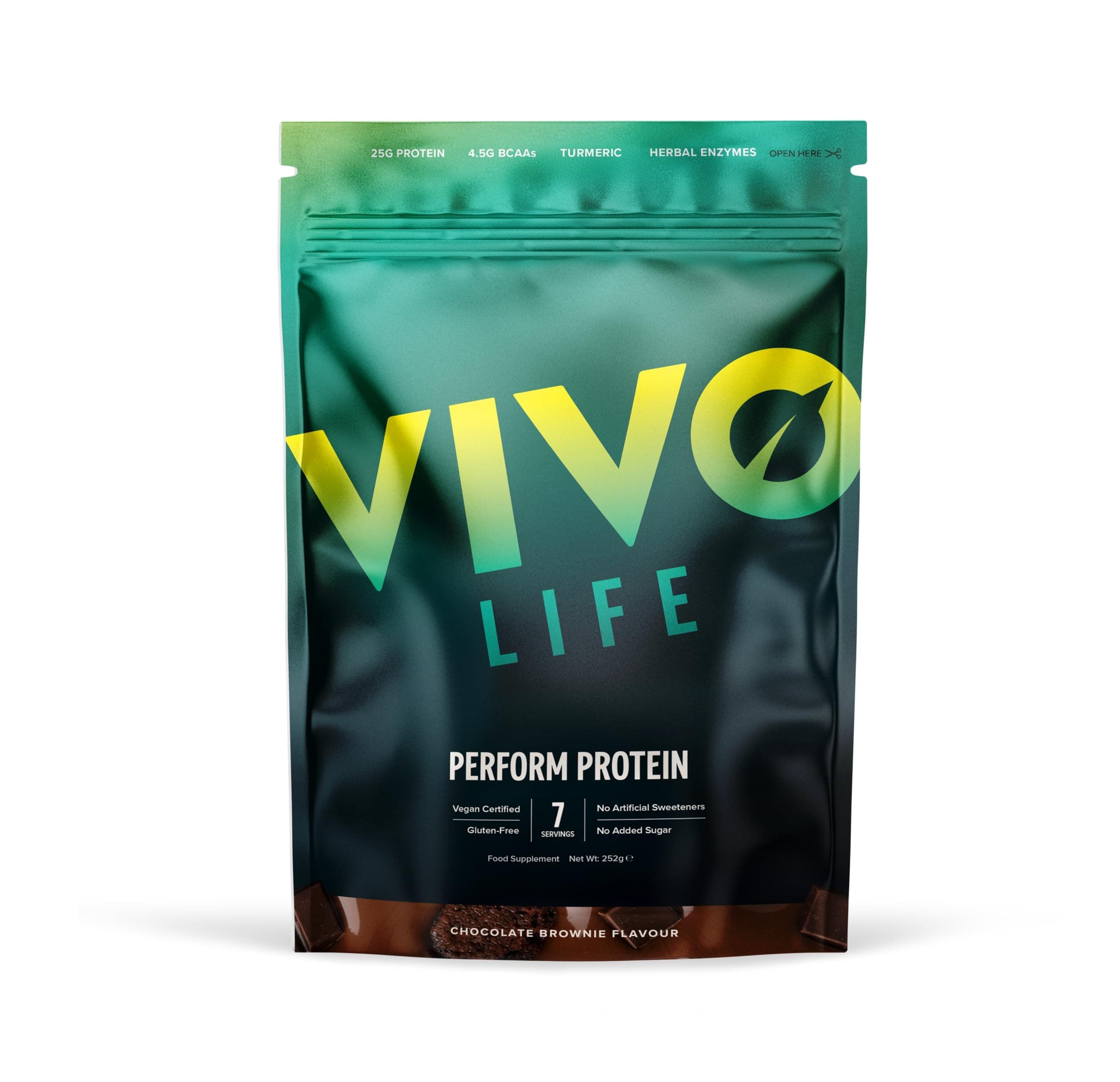 Vivo life Perform Plant Protein Powder | 25g Protein with BCAAs, Iron, Zinc, Turmeric & Herbal Enzyme Blend (226 g (Pack of 1), Chocolate Brownie)