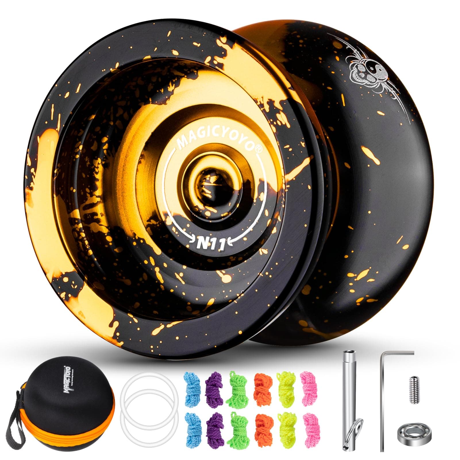 MAGICYOYO Professional JoJo N11 Plus Responsive JoJo for Children, Dual Purpose Metal Yo-Yo with Non-Responsive Yoyo Mode + Yo-Yo Bearing Replacement + 12 Yoyo Cords + Yo-Yo Bag (Black Golden)