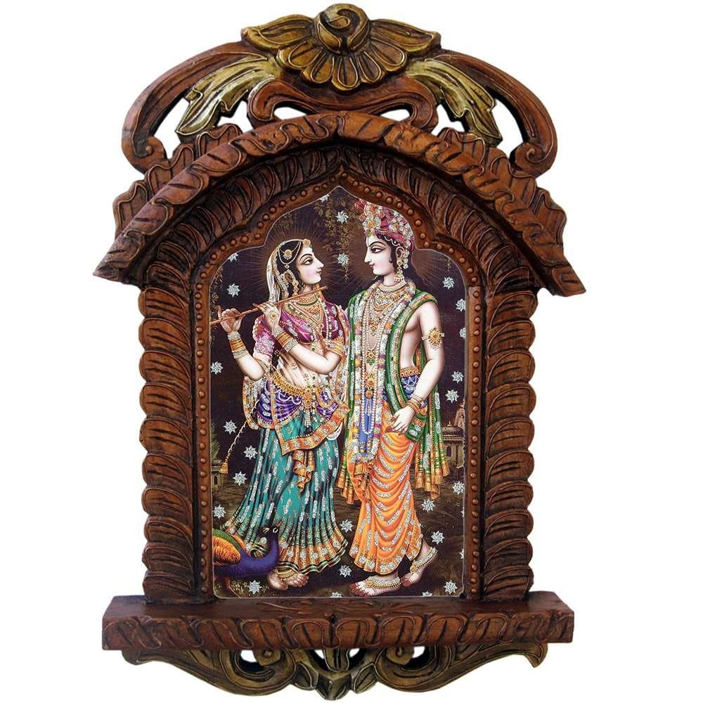 Indigocart Radha Krishna Playing Flute Wooden Jharokha Gift 437