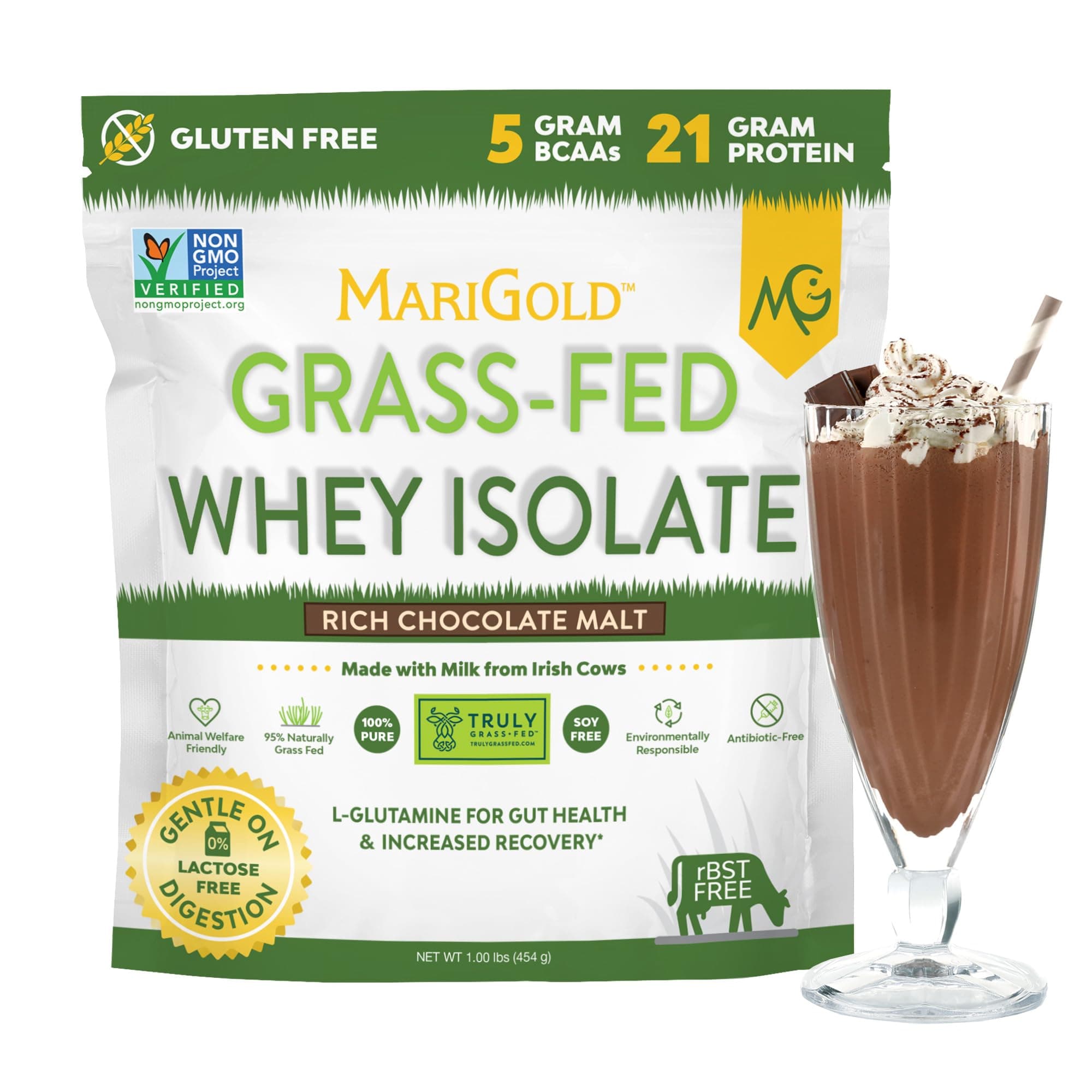 MariGold Grass-fed Whey Protein Isolate Powder - Rich Chocolate Malt Flavor - 1 Lb | 100% Pure, Cold-Processed, Micro-Filtered, Undenatured, Non-GMO, rBGH Free, Soy Free, Gluten Free, Lactose Free