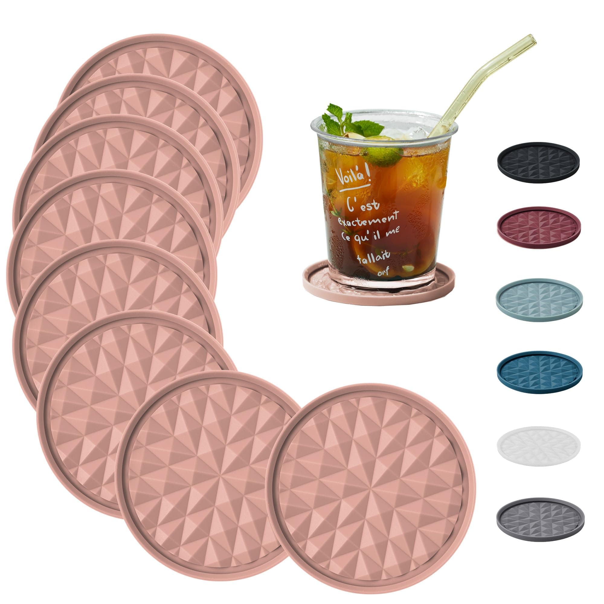 Silicone Coasters for Drinks[8 Pack, No Holder]- Cup Mat for Tabletop Protection-Non-Slip, Non-Stick, Coffee Table Decor, Great Gift for Any Occasion, Pink