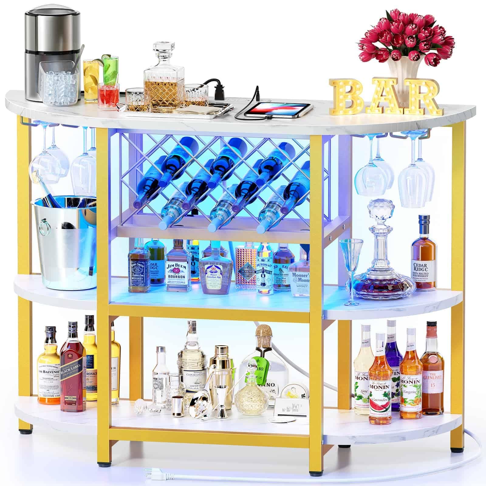 Zarler Bar Table Cabinet with Power Outlet, LED Home Mini Bar Cabinet for Liquor, Metal Wine Bar Stand with 4-Tier Storage, Easy to Assemble, Gold
