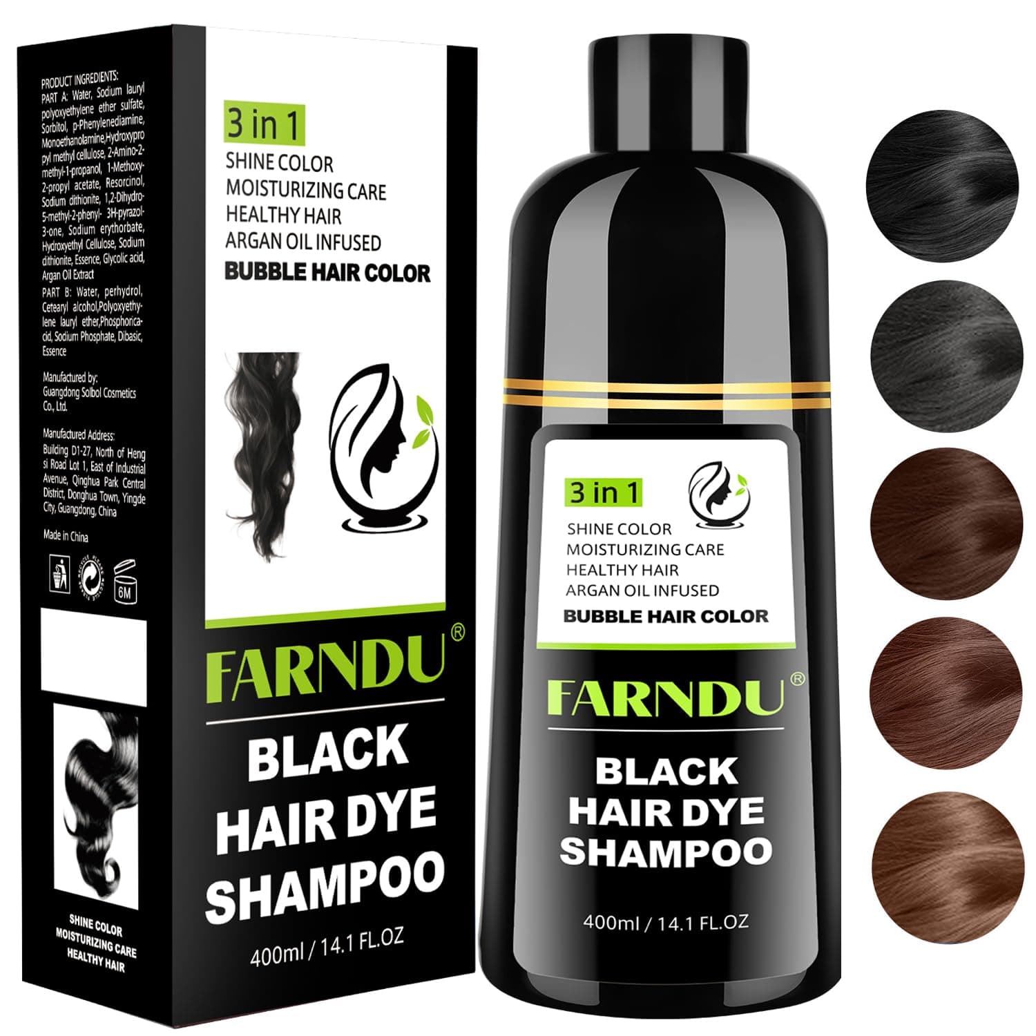 FARNDUBlack Hair Dye Shampoo for Women & Men, Gray Hair Coverage Herbal Natural 3 in 1 Hair Color Shampoo, Champu para canas