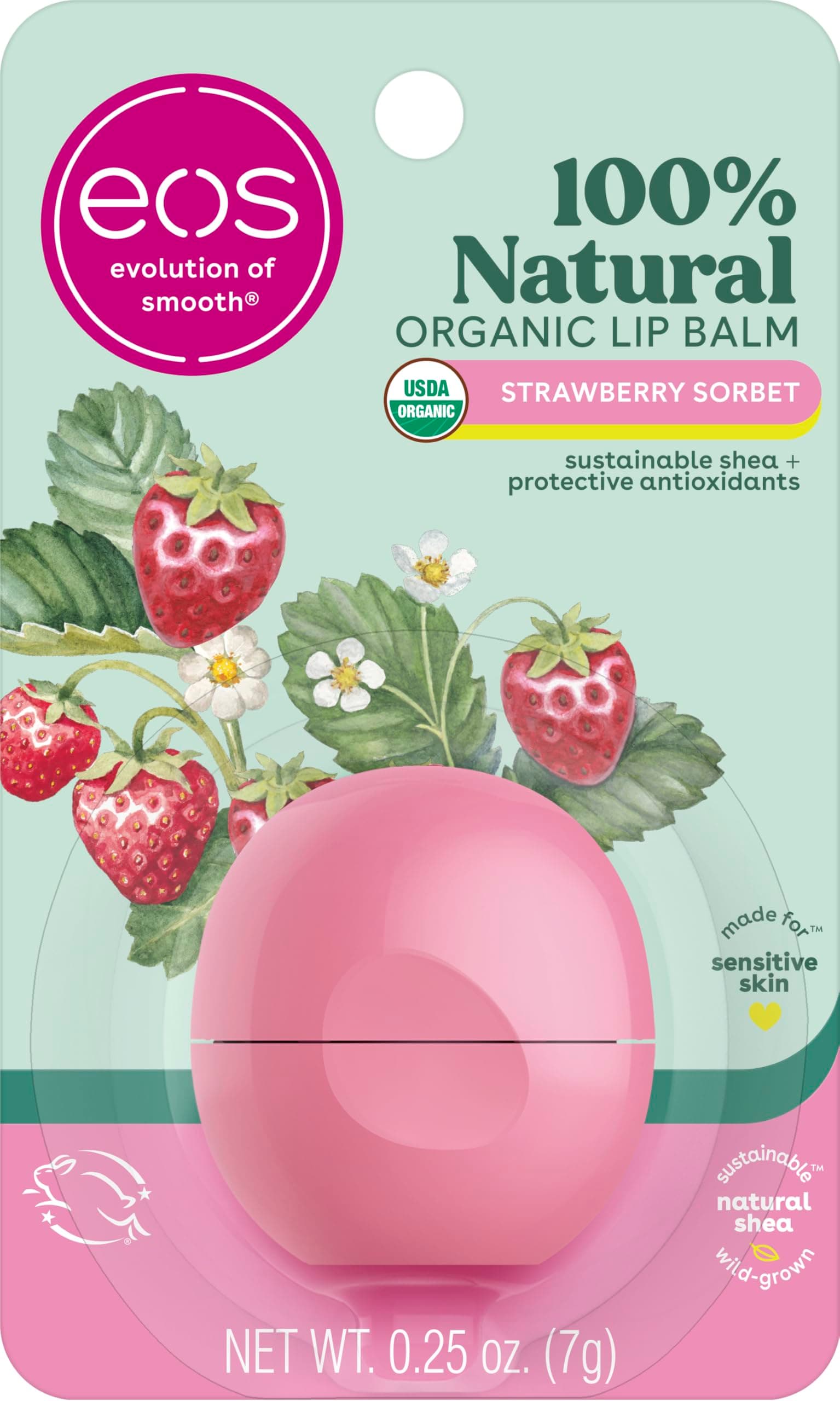 eos 100% Natural & Organic Lip Balm - Strawberry Sorbet, All-Day Moisture, Dermatologist Recommended for Sensitive Skin Care, Lip Care Products, 0.25 oz
