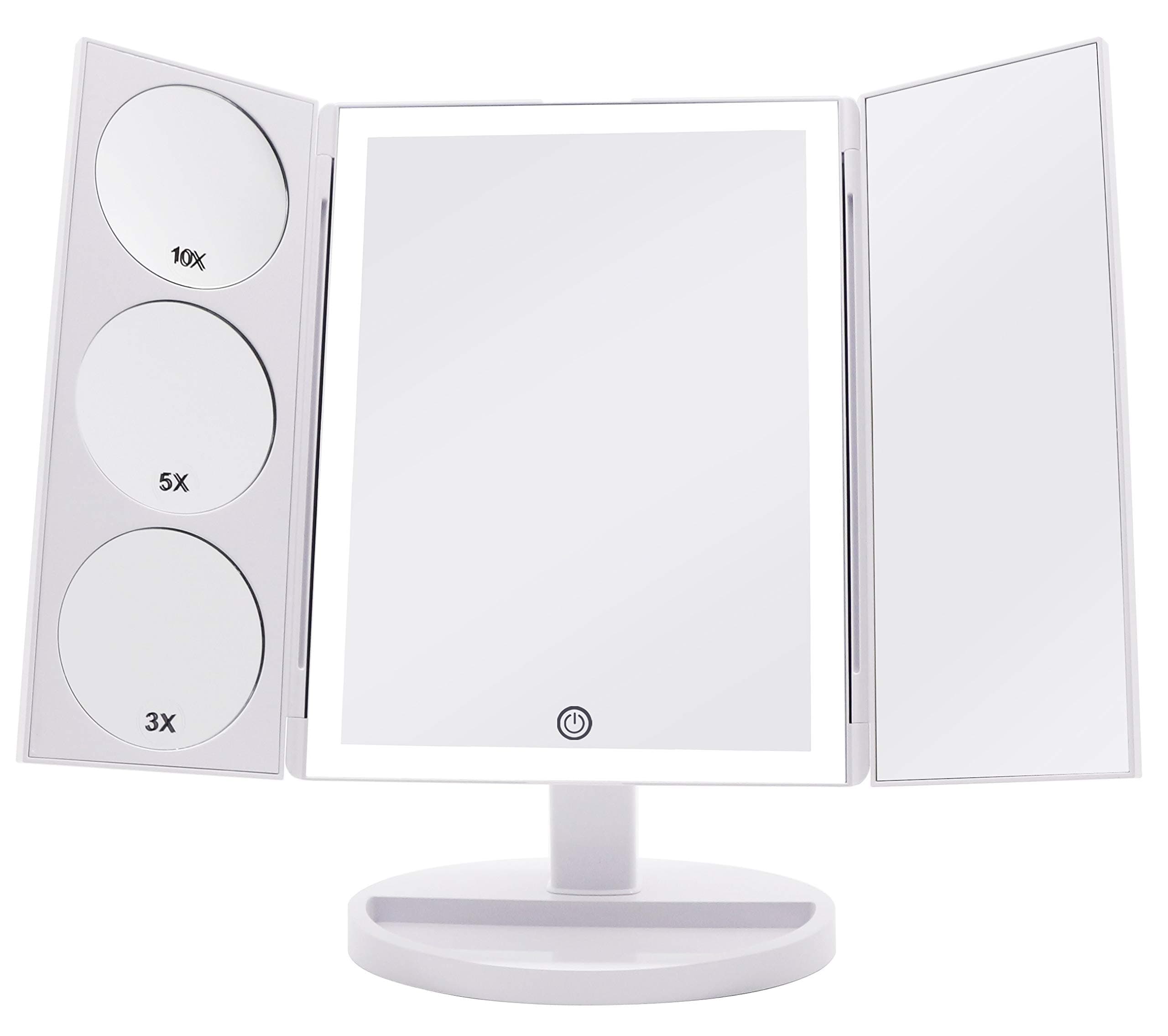 Milzie Makeup Vanity Mirror with 44 Natural White LED Lights, 3x 5x 10x Magnification Lighted Makeup Mirror, Extra Large Unique Tri-Fold Design, Countertop Cosmetic Mirror, White, X-Large Model