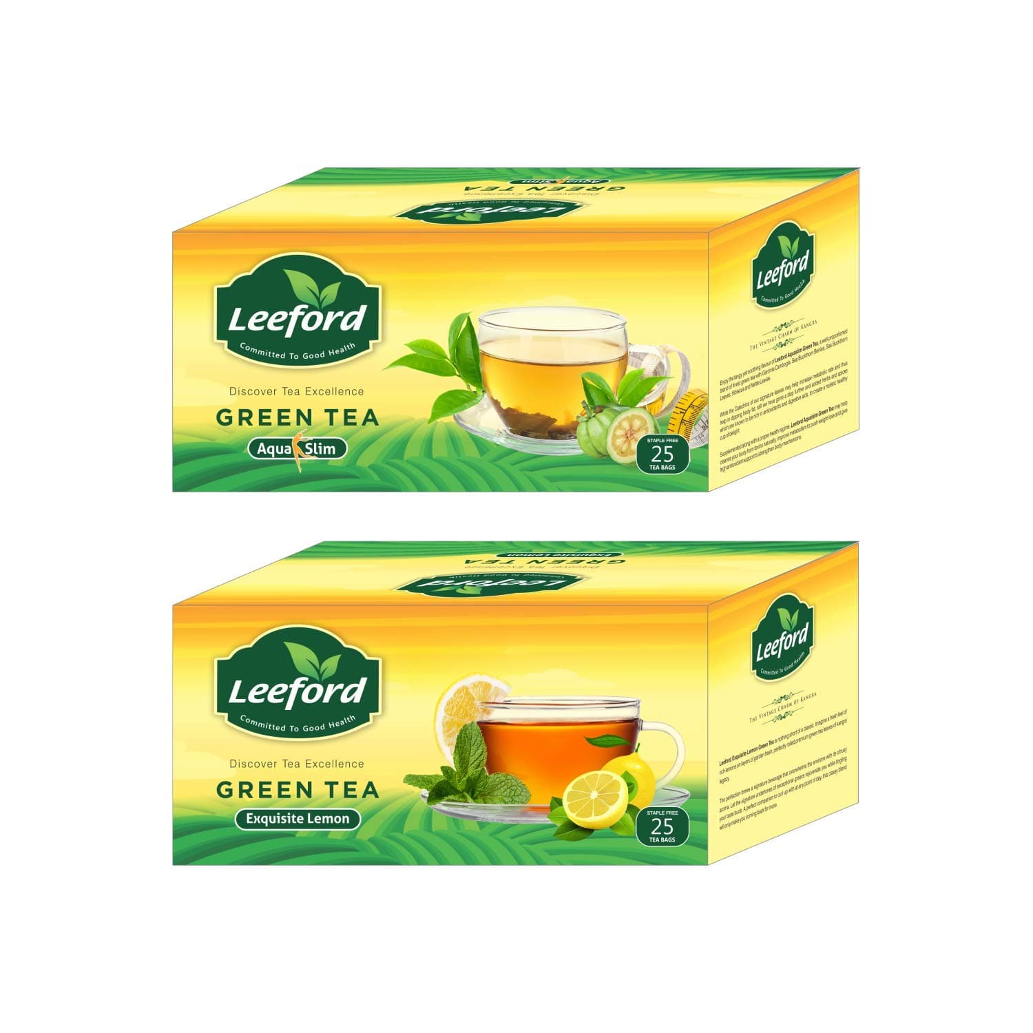 Leeford Green Tea Aqua Slim+Exquisite Lemon with Tanginess of Lemon and Natural Flavors For Immunity Booster & Weight Loss 25 Bags Each (Pack of 2)