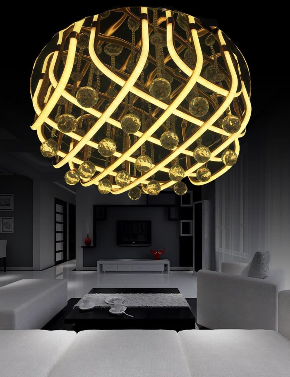 Living Room Lights Simply 23.6" Art Deco Round Led Color Warm(3000k) White(6000k) Rose Golden Crystal Ball Flower Easy Assemble Contemporary Lights for Bedroom Study Room [Energy Class A++]