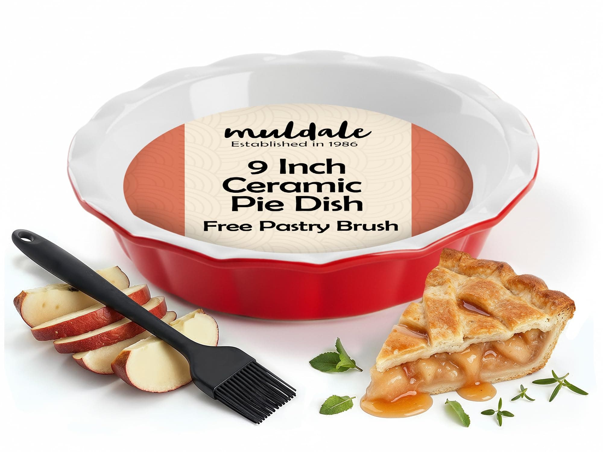 Muldale 9 Inch Ceramic Pie Dish - Deep Fluted Oven-Safe Baking Pan for Apple, Pumpkin, Steak Pies - Dishwasher Safe, Red