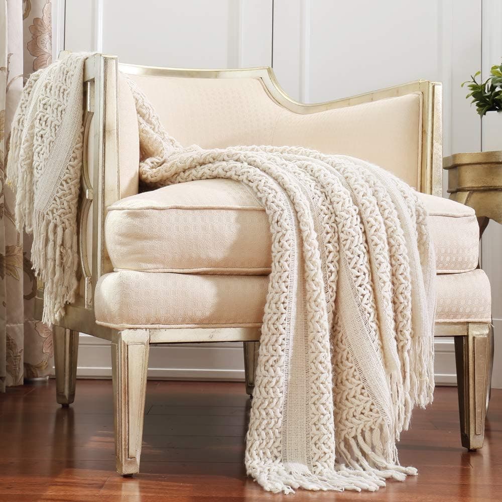 Farmhouse Knit Throw Blanket for Couch Sofa Chair Bed Home Decoration, Soft Warm Cozy Light Weight (127cmX152cm Beige/Ivory)