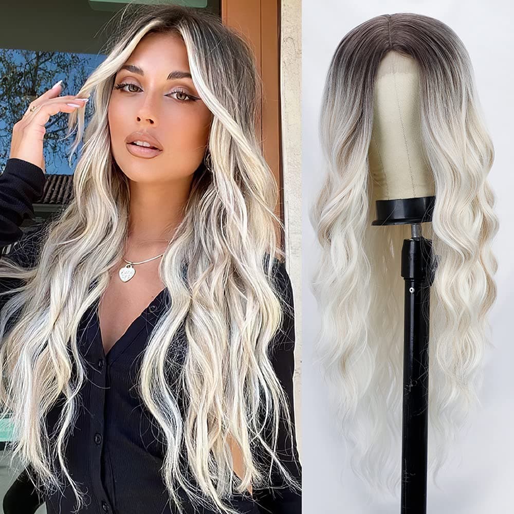 Lativ Long Wavy Wig Ombre Platinum Blonde Wigs for Women Middle Part Curly Synthetic Hair Natural Looking Heat Resistant Fiber for Daily Party Use 24 Inch