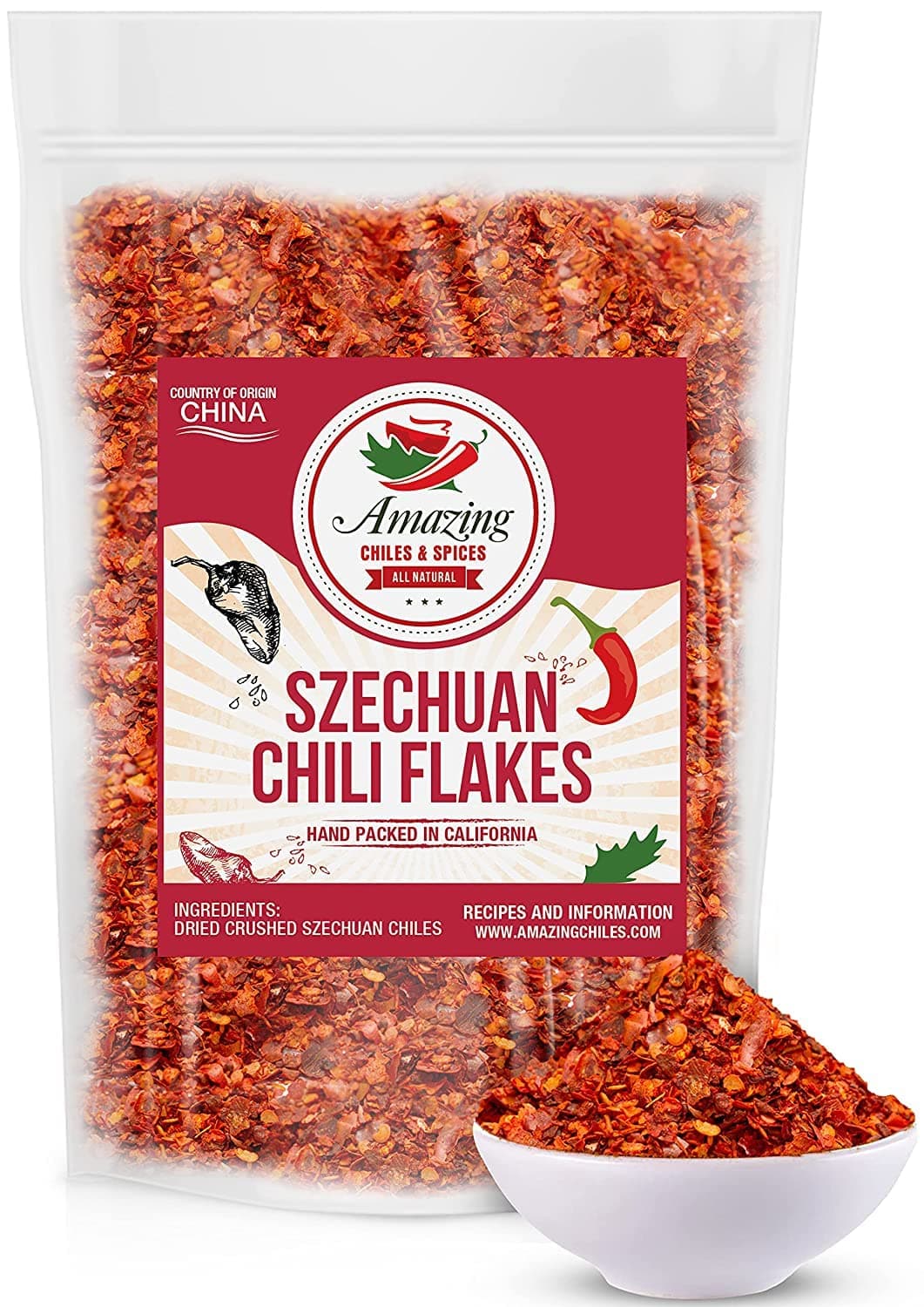 Sichuan Chili Flakes, 1LB (16oz) - Traditional Red Pepper Spices and Szechuan Seasoning for Thai, Korean, Mexican, and Asian Dishes, Authentic Medium Hot Flavor for Kimchi, Pizza, Tacos, or Oils by Amazing Chiles and Spices