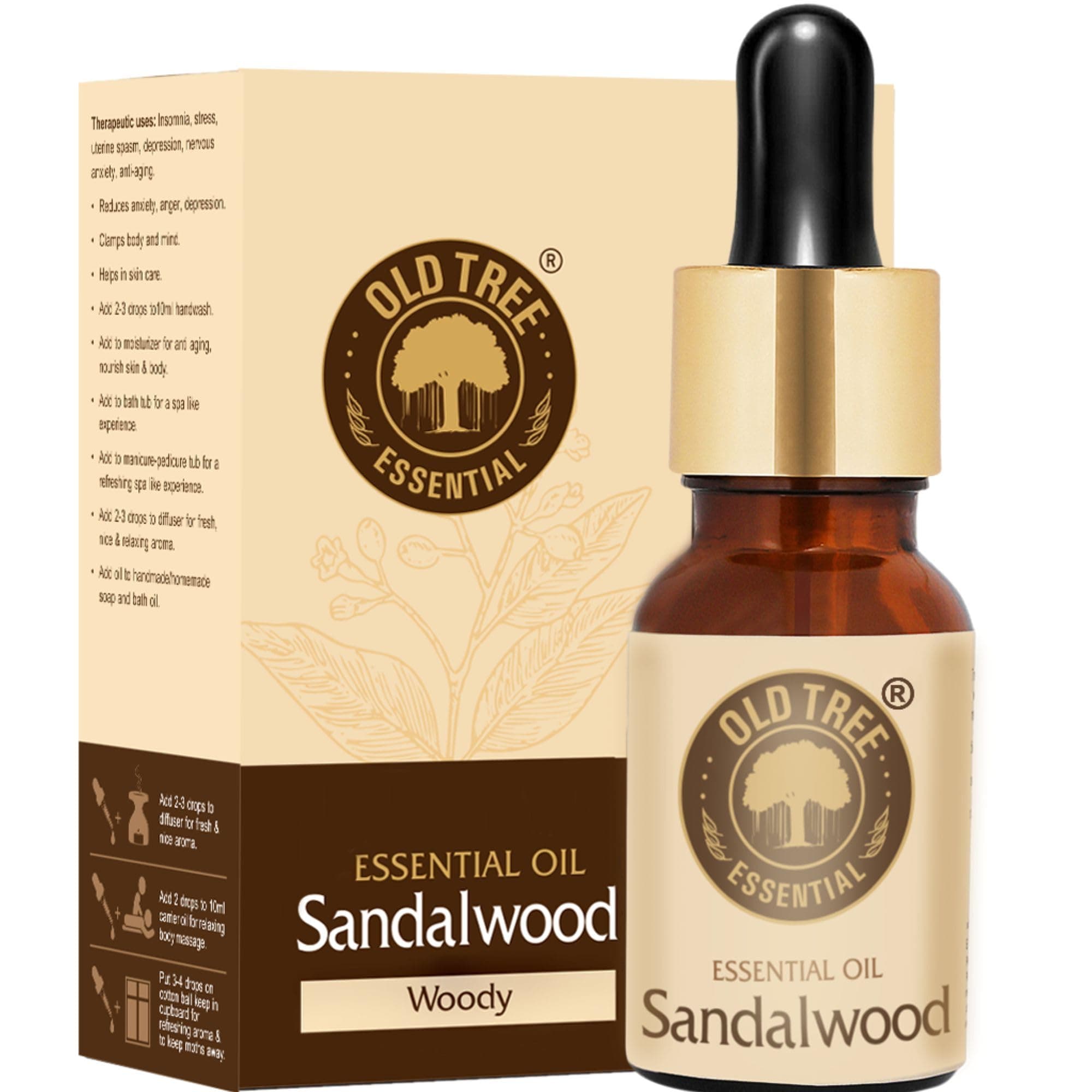 Old Tree Pure Sandalwood Essential Oil for Fragrance, Skin, Bathing (30ml) - Chandan Oil with Dropper for Stress Relief & Relaxation - Organic Oil for Aromatherapy, Diffuser, Soap & Candle Making