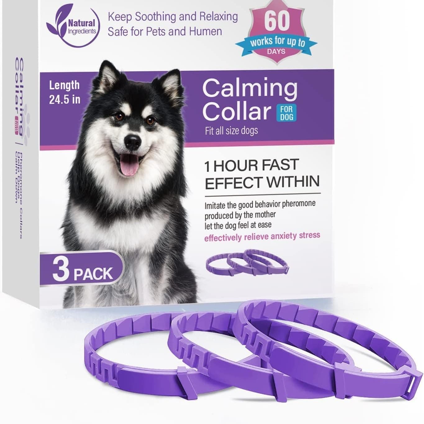 3 Pack Calming Collar for Dogs, Anxiety Relief, Break Away Collar, Helps Calm, Separation Anxiety Relief, Reduce Stress (Purple, 3 Pack)