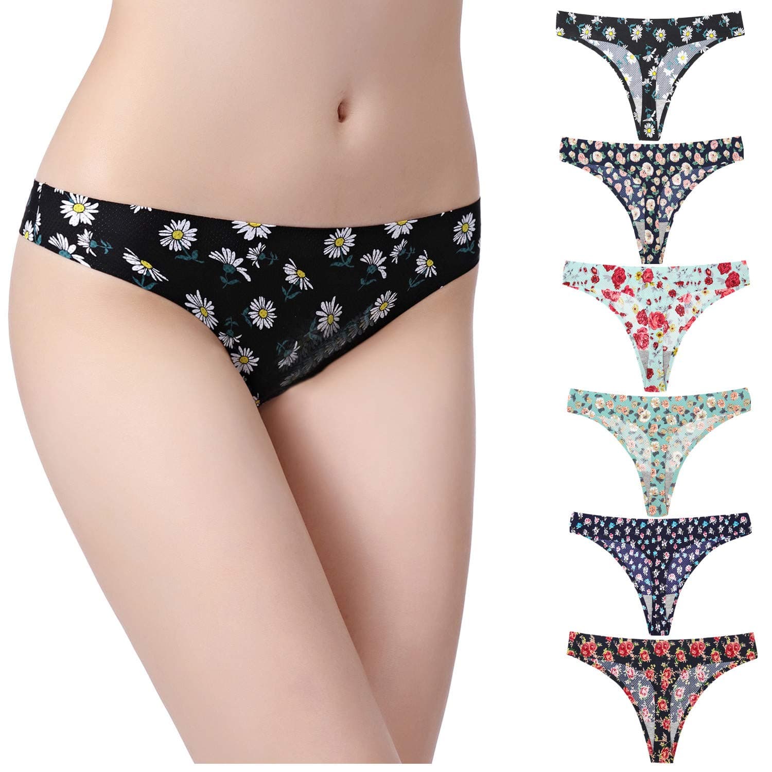 Seamless Thong Underwear Women Low Rise Invisible Printed Panties No Show Laser Cut 6 Pack (Medium))