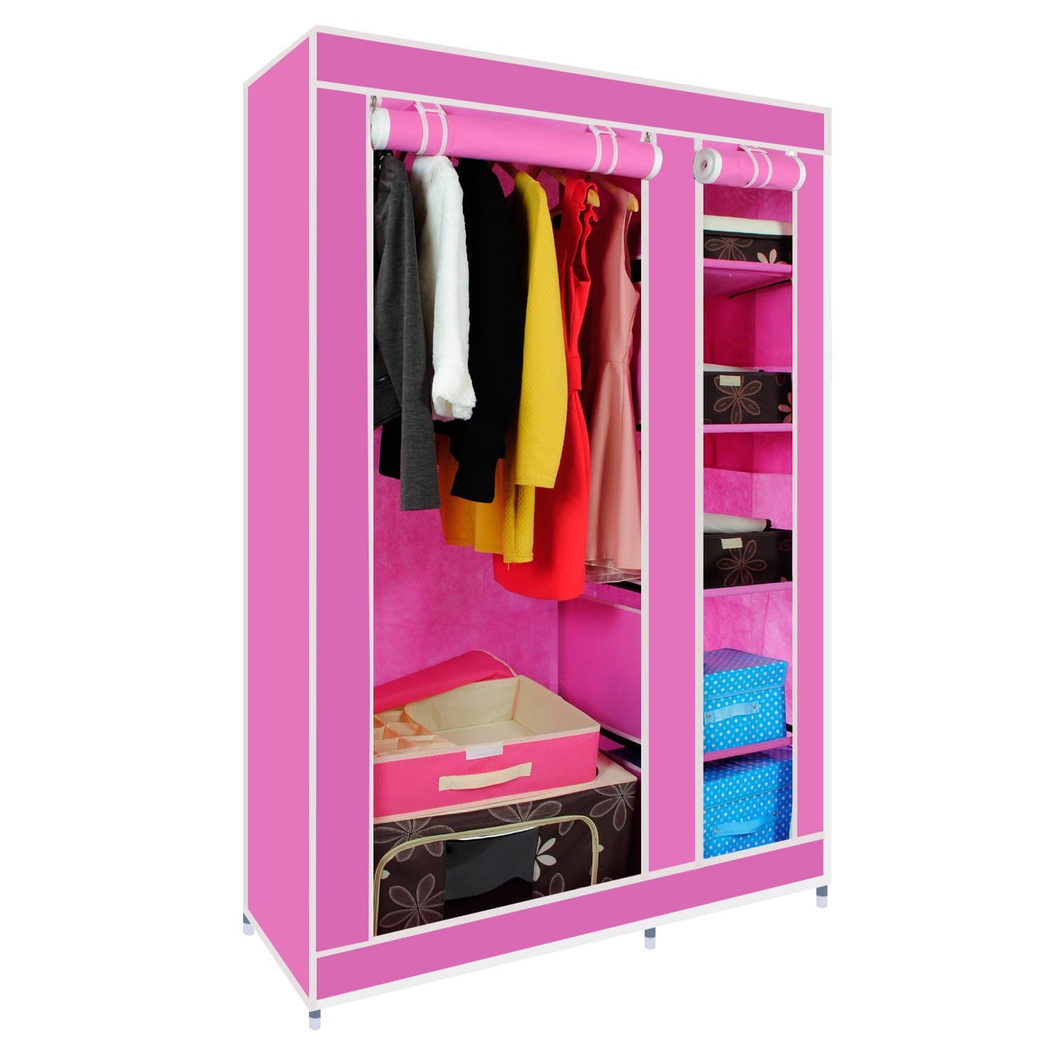 Double Canvas wardrobe Cupboard Clothes Storage Solution with Hanging Rail + Storage Shelves 110cm x 45cm x 175cm Pink