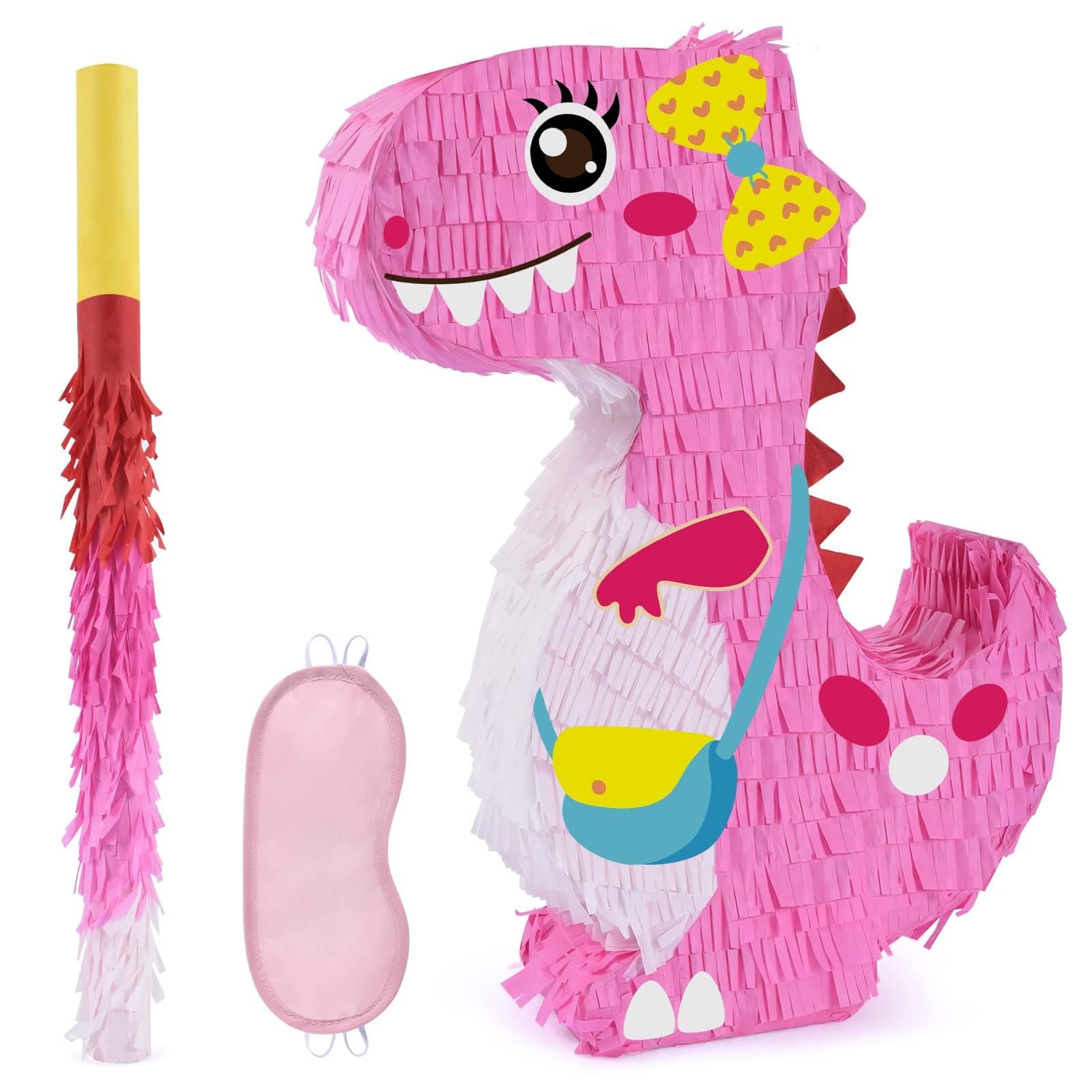 WERNNSAI Dinosaur Pinata - Dinosaur Birthday Party Supplies Pinata Bundle with a Blindfold and Bat for Girls Kids Dino Themed Party Supplies Perfect Party Game Activity Decoration (Pink Dinosaur)