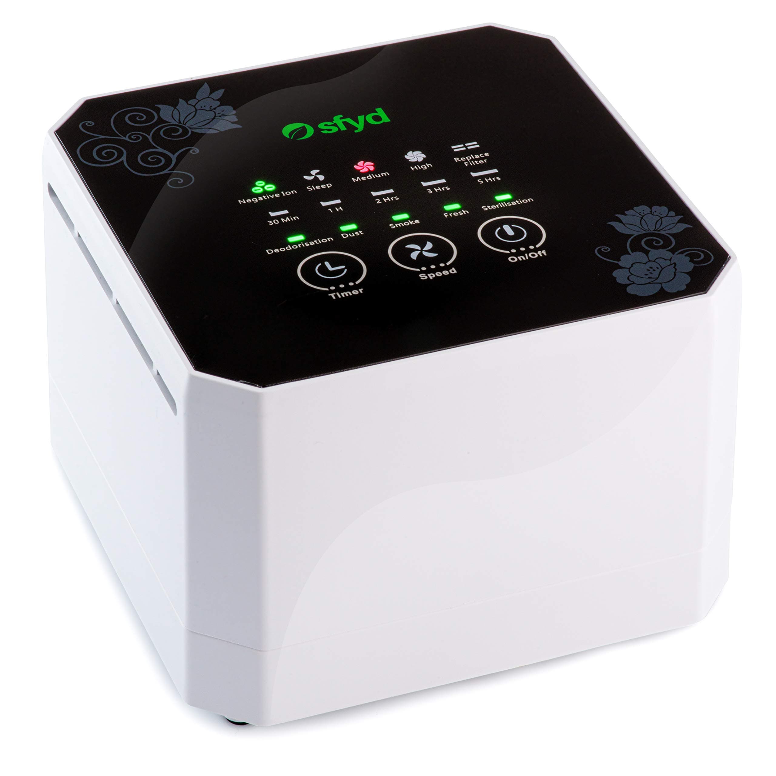 sfyd Air Purifier Home and Office, Negative Ion Generator, 3 Speeds, Office and Bedroom, 1 Active Carbon Filter and 1 True HEPA Filter, Air Purifier for Allergies, Dust, Pollen, Odours, Bacteria