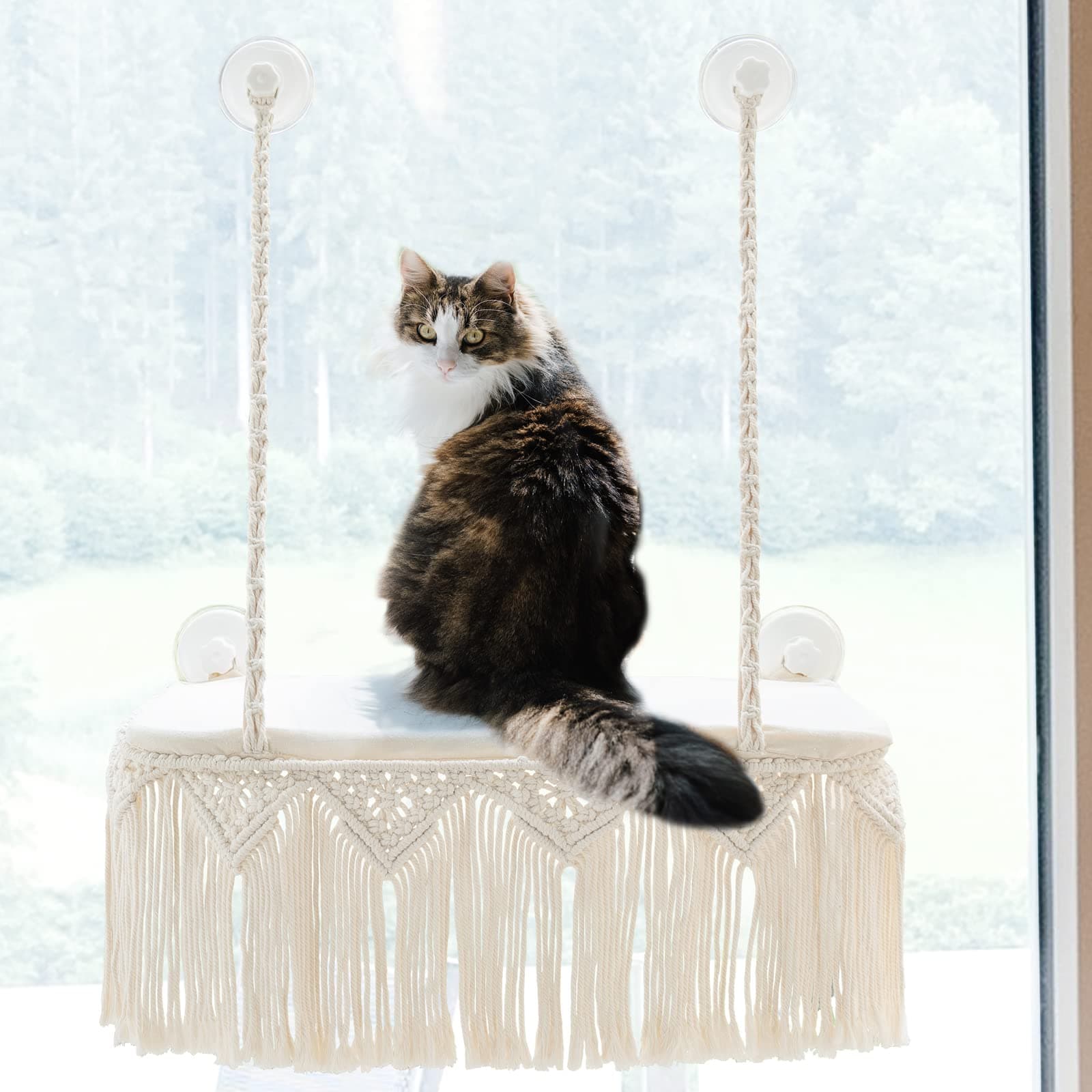 Dahey Macrame Cat Window Perch Boho Cat Hammock Wall Mounted Pet Resting Seat Bed for Indoor Cats Safety Space Saving Kitty Swing Shelf with Tassel Holds up to 45 lbs with Screw Suction Cups, Gift