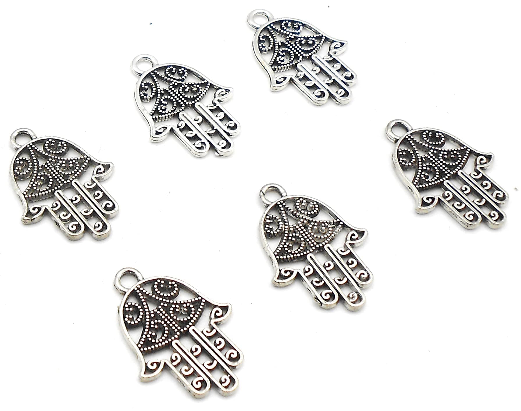 JAZ? Antique Silver Hamsa Hand Evil Eye Bead of Fatima Symbol Charms- Hamsa Hand Beads Charms for Jewelry Making Findings DIY Necklace Bracelet 15 pcs.