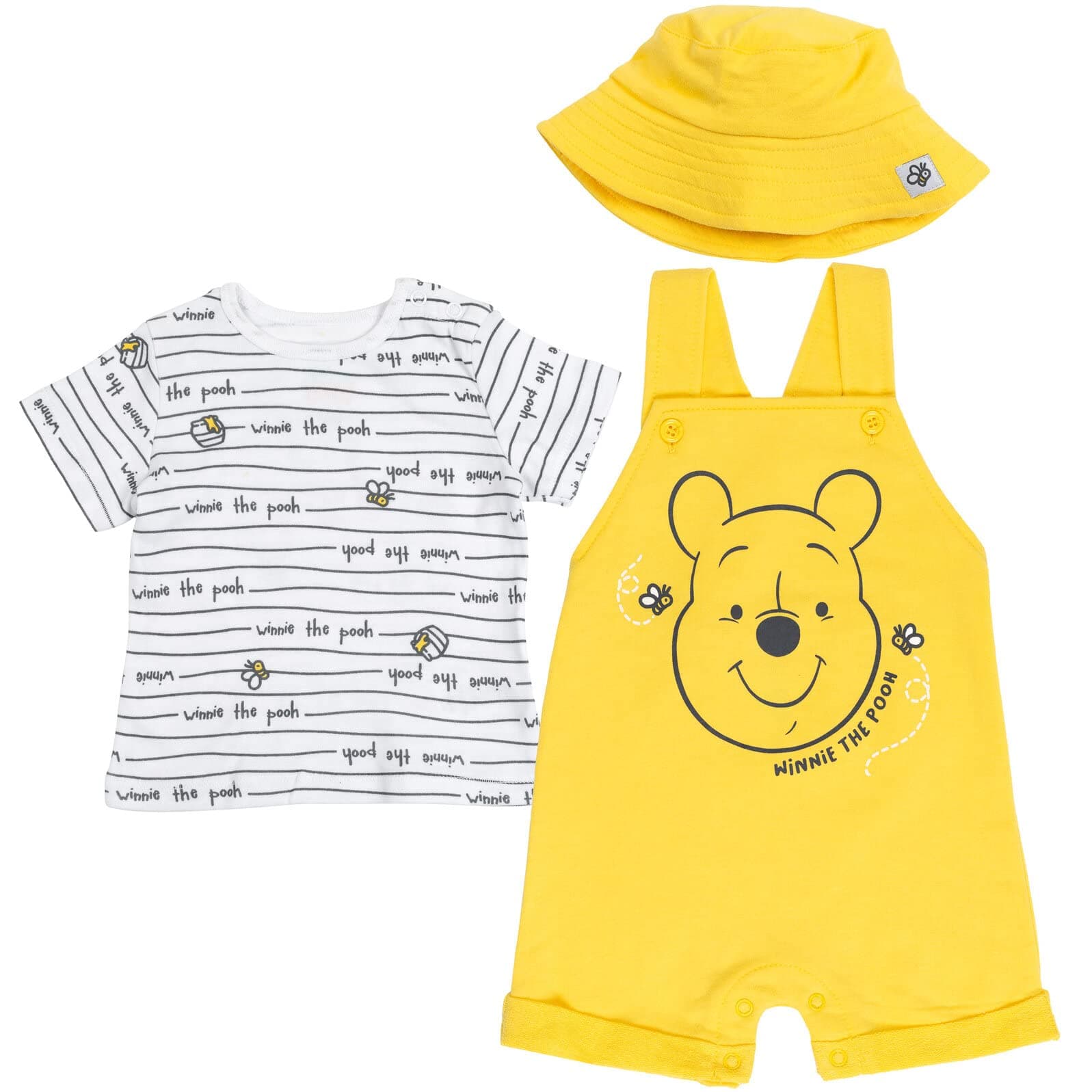 Winnie the Pooh Baby Short Overalls, T-Shirt & Hat 3 Piece Outfit Set Newborn to Infant Sizes (0-24 Months)