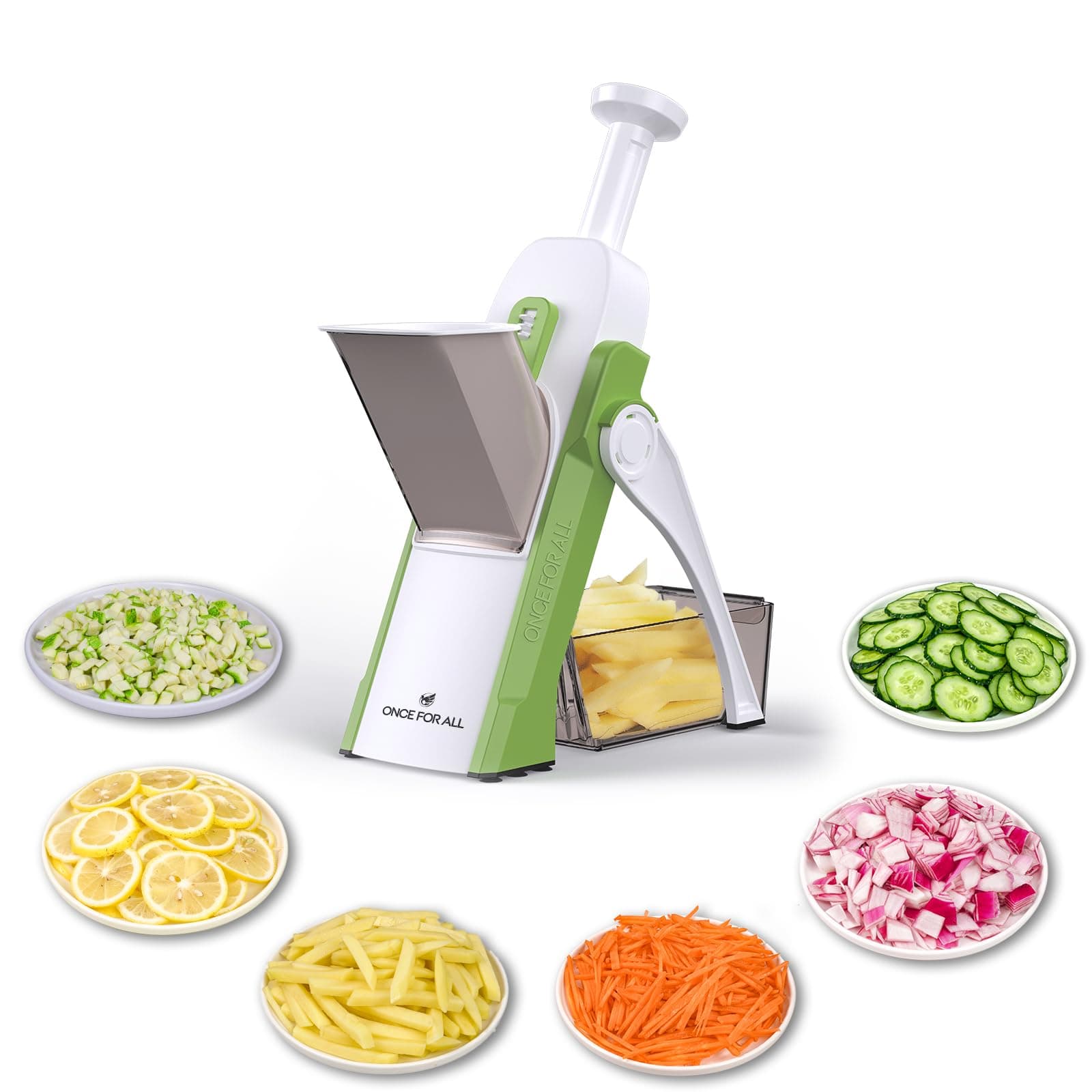 Safe Mandoline Slicer, Multi Vegetable Chopper, Potato Slicer for Kitchen, 4 Modes 100+ Presets Adjustable Thickness, French Fry Cutter (5 in 1 Green)