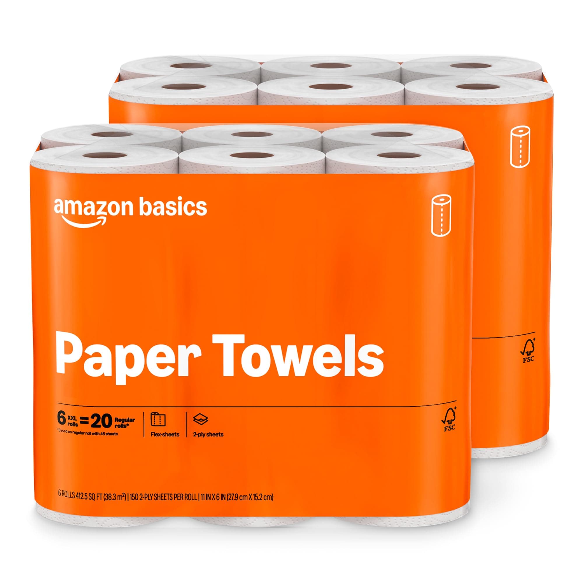 2-Ply Flex-Sheets Paper Towels, 12 Basics Rolls = 40 Regular Rolls, Everyday Value with 150 Sheets per Roll, Packaging May Vary