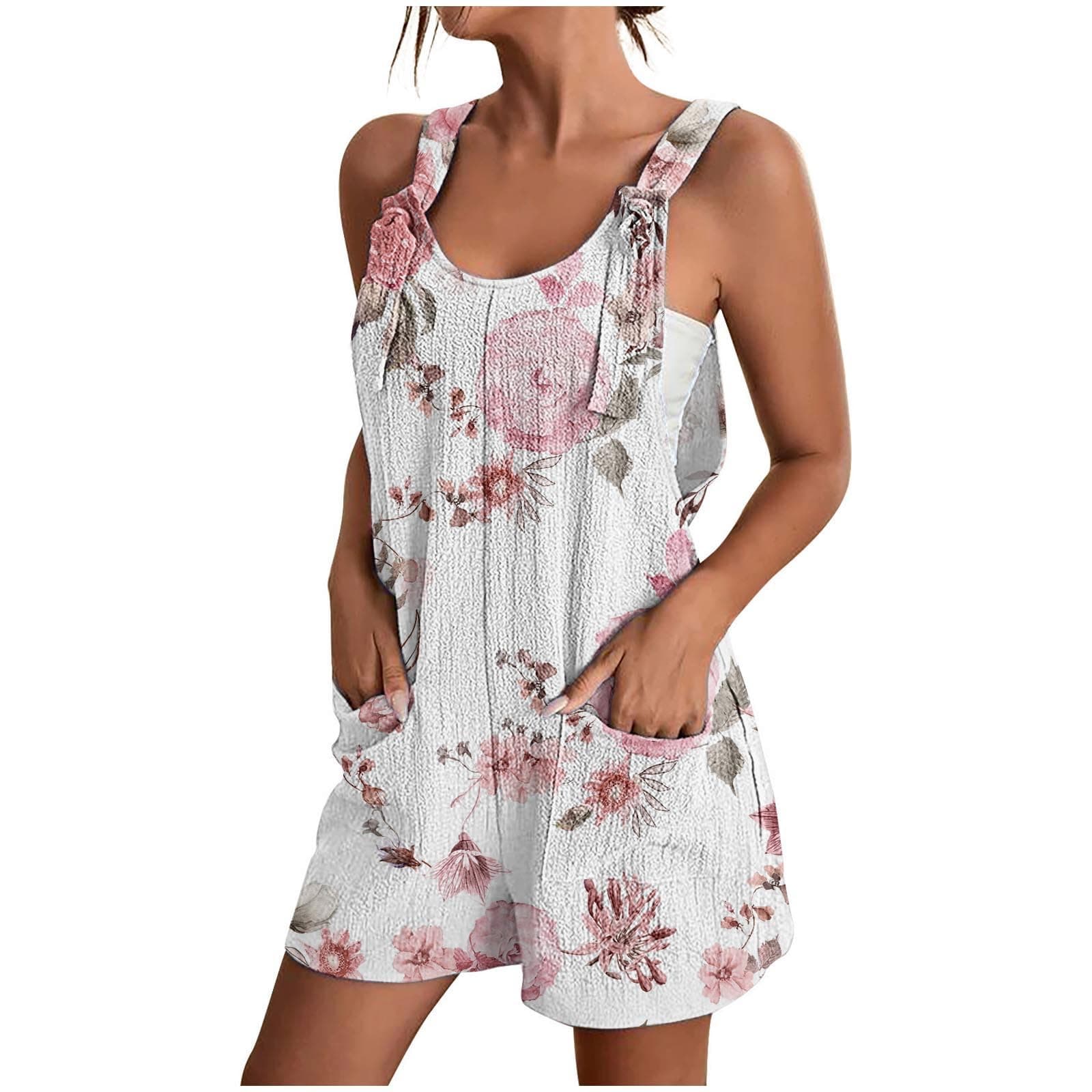 GenericWomen's Casual Summer Cotton Linen Rompers Overalls Jumpsuit Shorts Adjustable Straps Romper Summer Casual Loose Overalls Cool Sleeveless Jumpsuits with Pockets