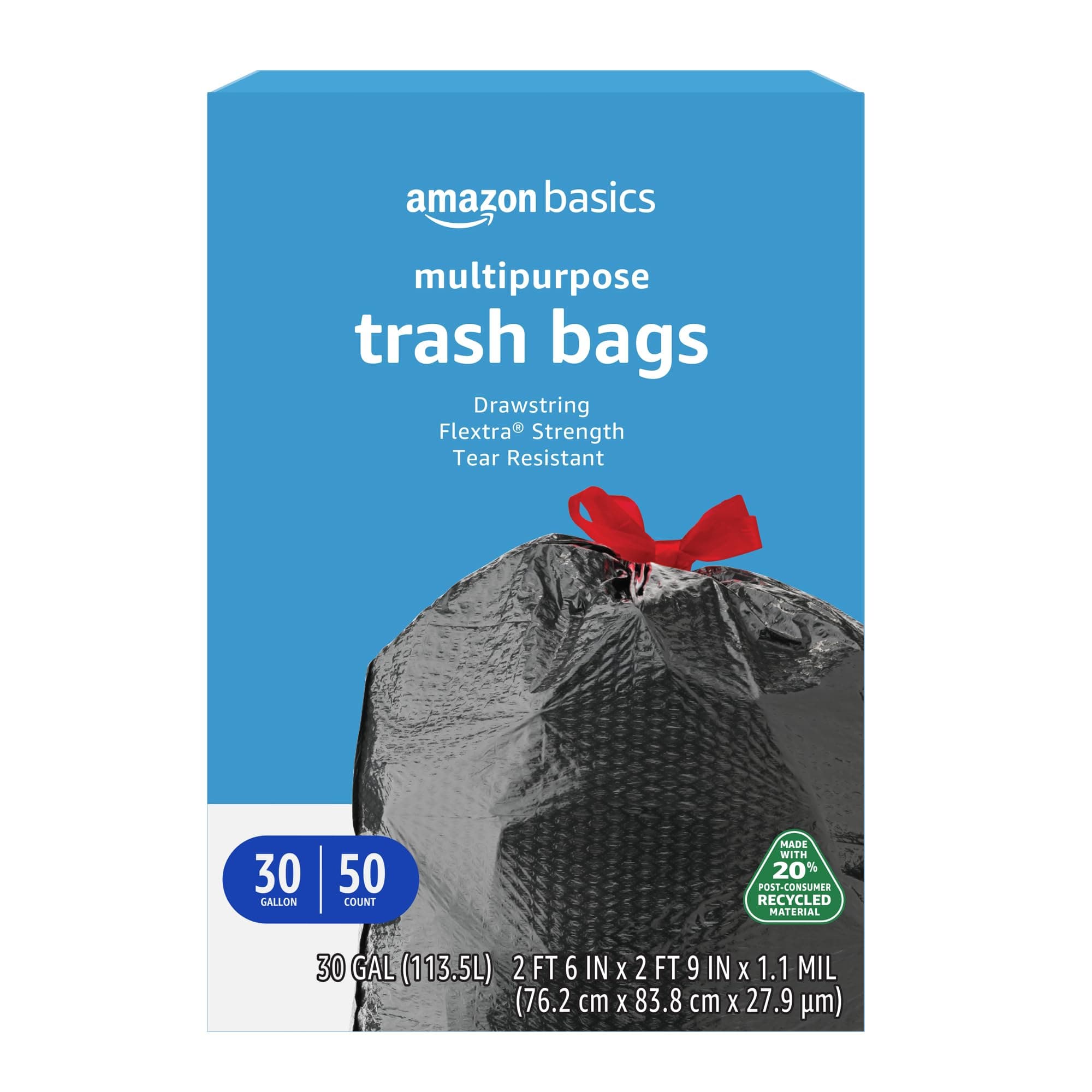 Amazon Basics 30 Gallon Flextra Strength Multipurpose Drawstring Trash Bags, 20% Post Consumer Recycled Material, Tear Resistant, Black, 50 Count